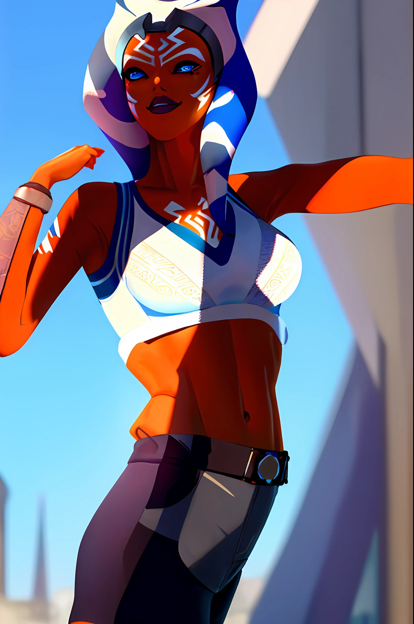 absurdres, (highres:1.1), best quality, (masterpiece:1.3), 3d portrait of ahsoka tano, togruta, orange skin, wearing a blue sports bra, large breasts, large sclera, grey-blue eyes, white lines, ((white tattoos)) ((small iris)), ,