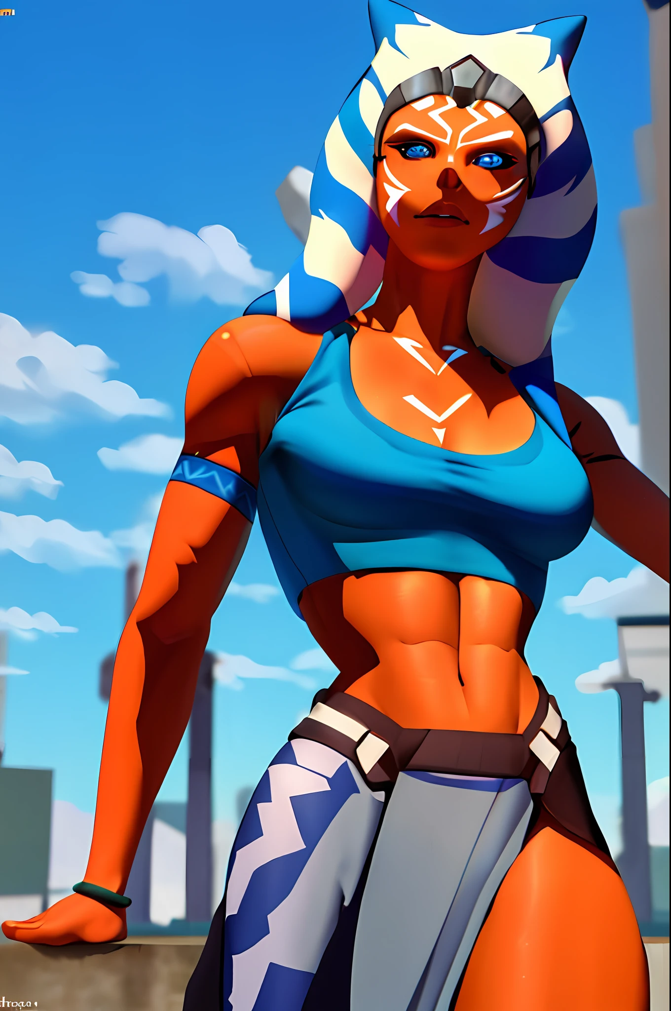 absurdres, (highres:1.1), best quality, (masterpiece:1.3), 3d portrait of ahsoka tano, togruta, orange skin, wearing a blue sports bra, large breasts, large sclera, grey-blue eyes, white lines, ((white tattoos)) ((small iris)), ,