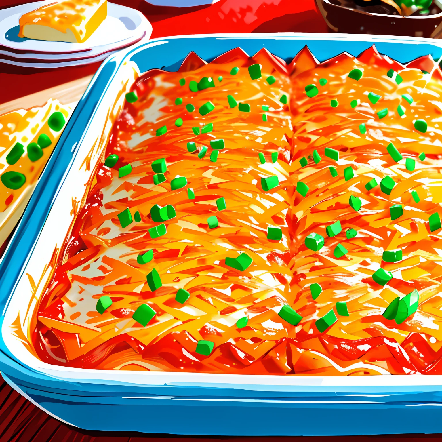 a close up of a casserole dish with cheese and vegetables, recipe, lasagna, cheesy, yummy, salmon khoshroo, ❤🔥🍄🌪, chuvabak, by Eugeniusz Zak, romanian, beutiful!, by Maksimilijan Vanka, multilayer, by Echo Chernik, cuisine, celebration, chilaquiles, description