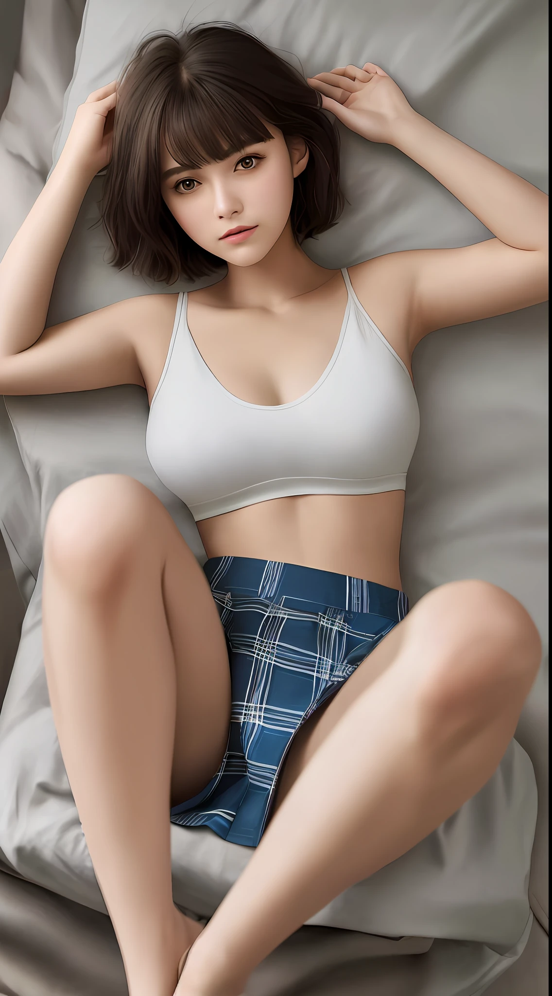 Best quality, super detail, masterpiece, fine detail, high resolution, portrait, 8k wallpaper, realistic details, clothing details, skin details, detailed eyes, photoshop \ (medium), slim body, 1 girl, 20 years old, beautiful eyes, bare skin, well-formed face, bangs, black hair short, dull bangs, huge, cleavage visible from white tank top, (pleasant look), , bedroom, Close-up, wearing a plaid skirt, short hair, legs spread in an M shape, navel visible, not visible at the feet