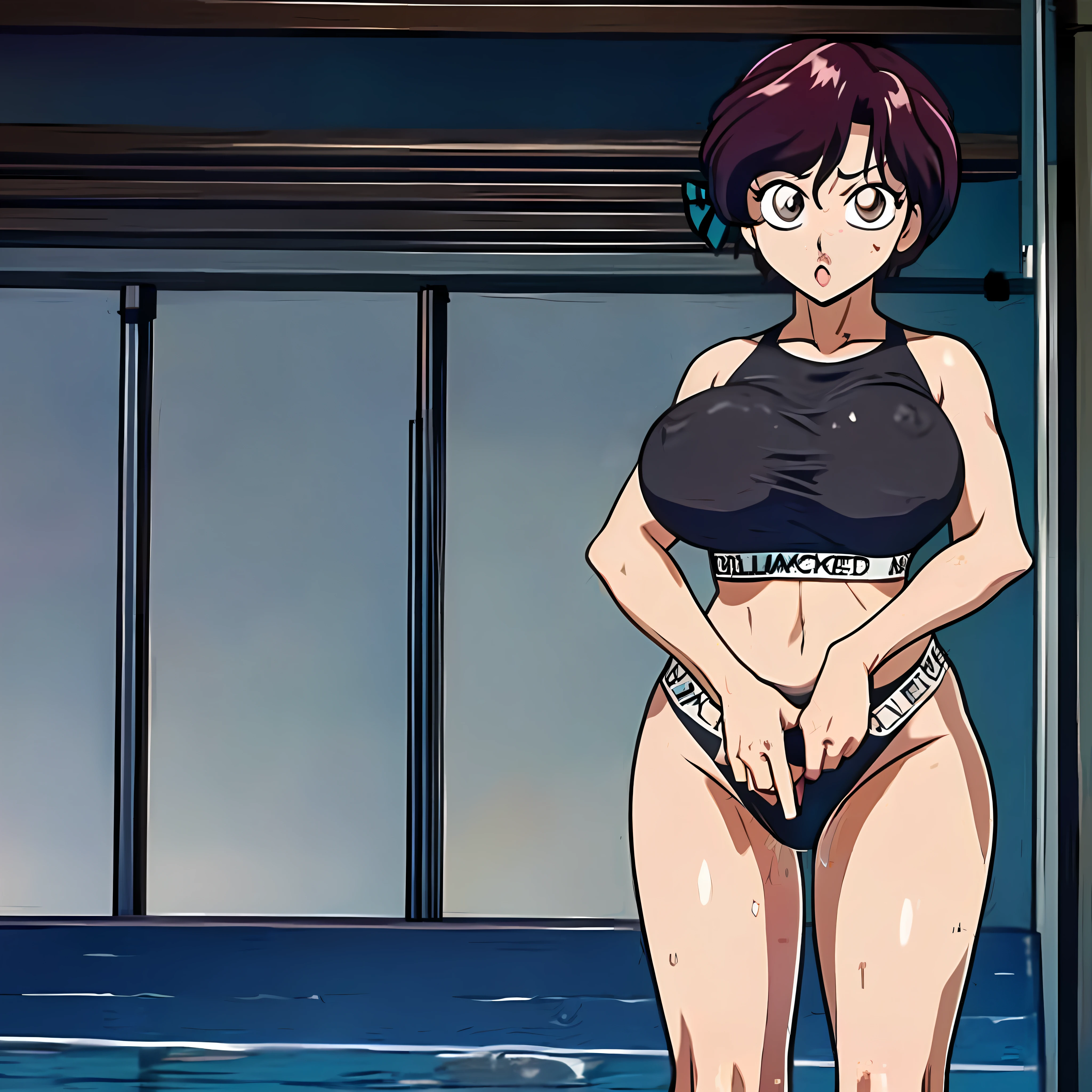sitting cross legged, cowboy shot, facing viewer, boxers, surrounded, :o, blacked underwear, sweat, wet, shiny skin, narrow waist, black man, masterpiece, best quality, highly detailed, (nsfw:1.5),ugly, lowres, bad anatomy, bad hands, text, error, extra limbs, missing fingers, extra digit, fewer digits, cropped, worst quality, low quality, normal quality, jpeg artifacts, signature, watermark, username, SaotomeNodoka, large_breasts, standing, solo, masterpiece, best quality, detailed face, detailed eyes, highres, by a indoor pool