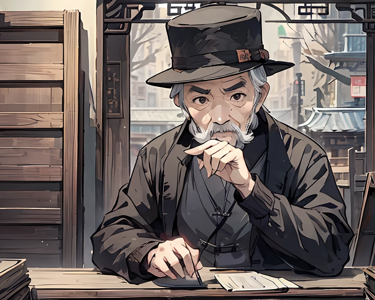 (1 person) (Jin Yi meets the mysterious old man) (the background is the square of the town)