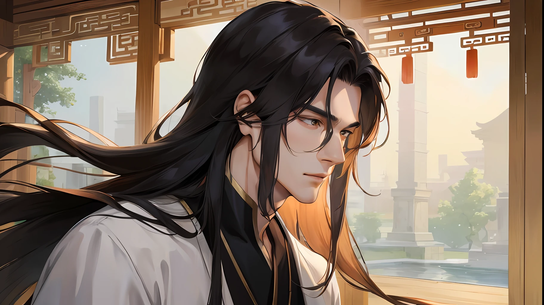 Masterpiece, Excellent, 1 person, mature man, ancient Chinese, long hair, long bangs, handsome, handsome, gentle, tall, calm, facial details, exquisite facial features, solo, single