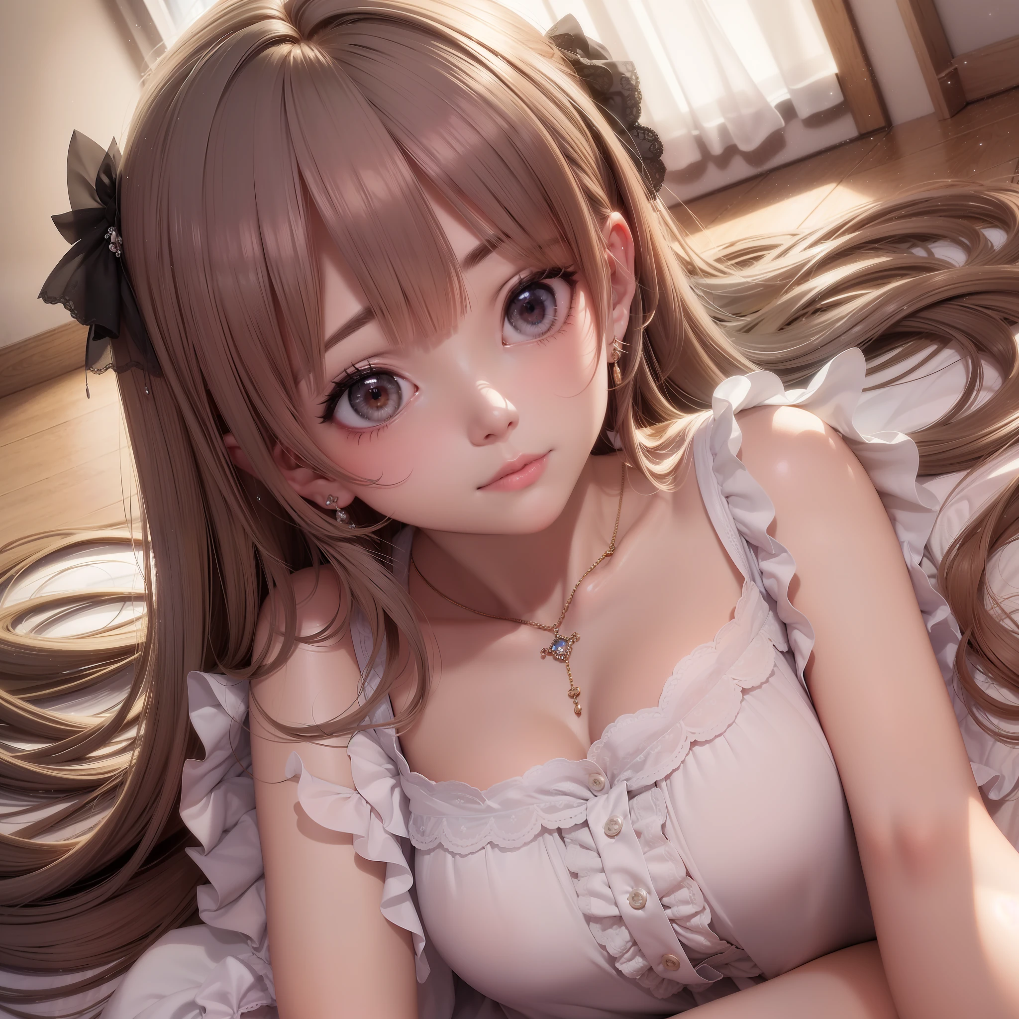 16k ultra-fine CG wallpaper, masterpiece, excellent picture quality, super delicate), (excellent light and shadow, delicate and beautiful), real smooth skin, bright face, 18K close-up perfect display, loli, cute girl wearing exquisite sleeveless inch shirt and long skirt, lying prone on the white bed, colorful jewel-like eyes.