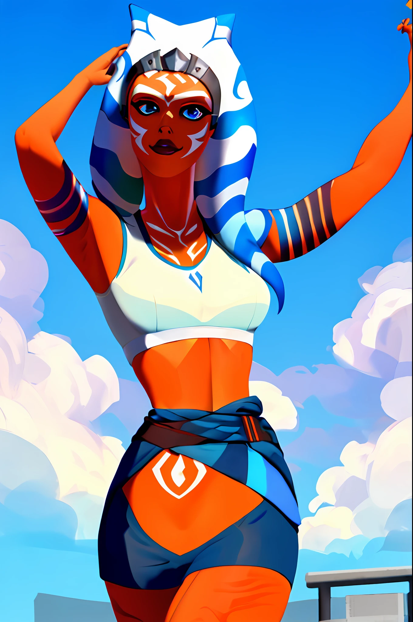 absurdres, (highres:1.1), best quality, (masterpiece:1.3), 3d portrait of ahsoka tano, togruta, orange skin, wearing a blue sports bra, large breasts, large sclera, grey-blue eyes, white lines, ((white tattoos)) ((small iris)), ,