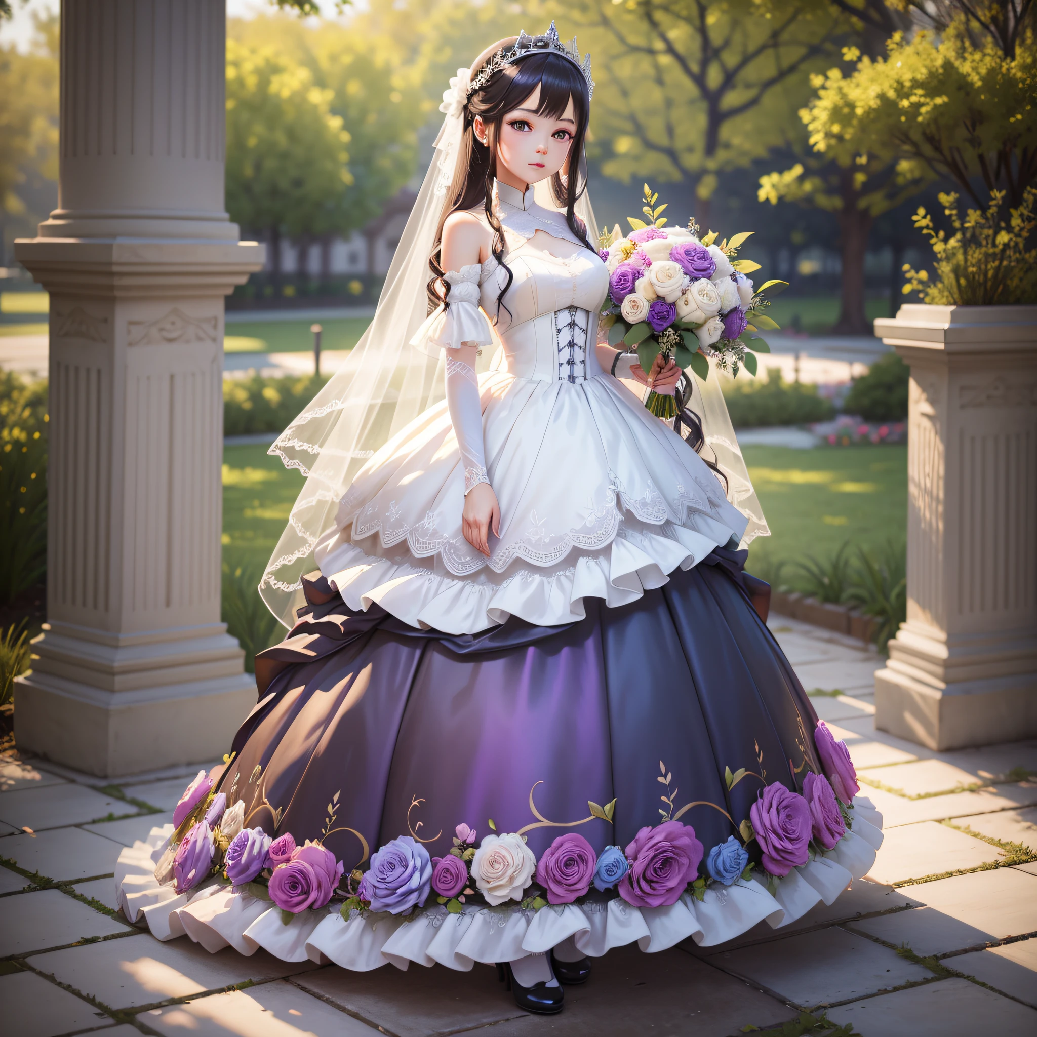 Bride with a bouquet of flowers in her hand, gauze dress (legless white stockings) in her hand, transparent lace gauze dress, beautiful face rendered in 3d, bride, standing painting, rendering of April, wedding ,!! Full body portrait !!, loli, inspired by Shen Shizhen, elegant and beautiful digital art by Aerith Gainsborough, chibi, IMVU, rendering by Mirabel Madrigal, loli in dress, KDA --auto --s2