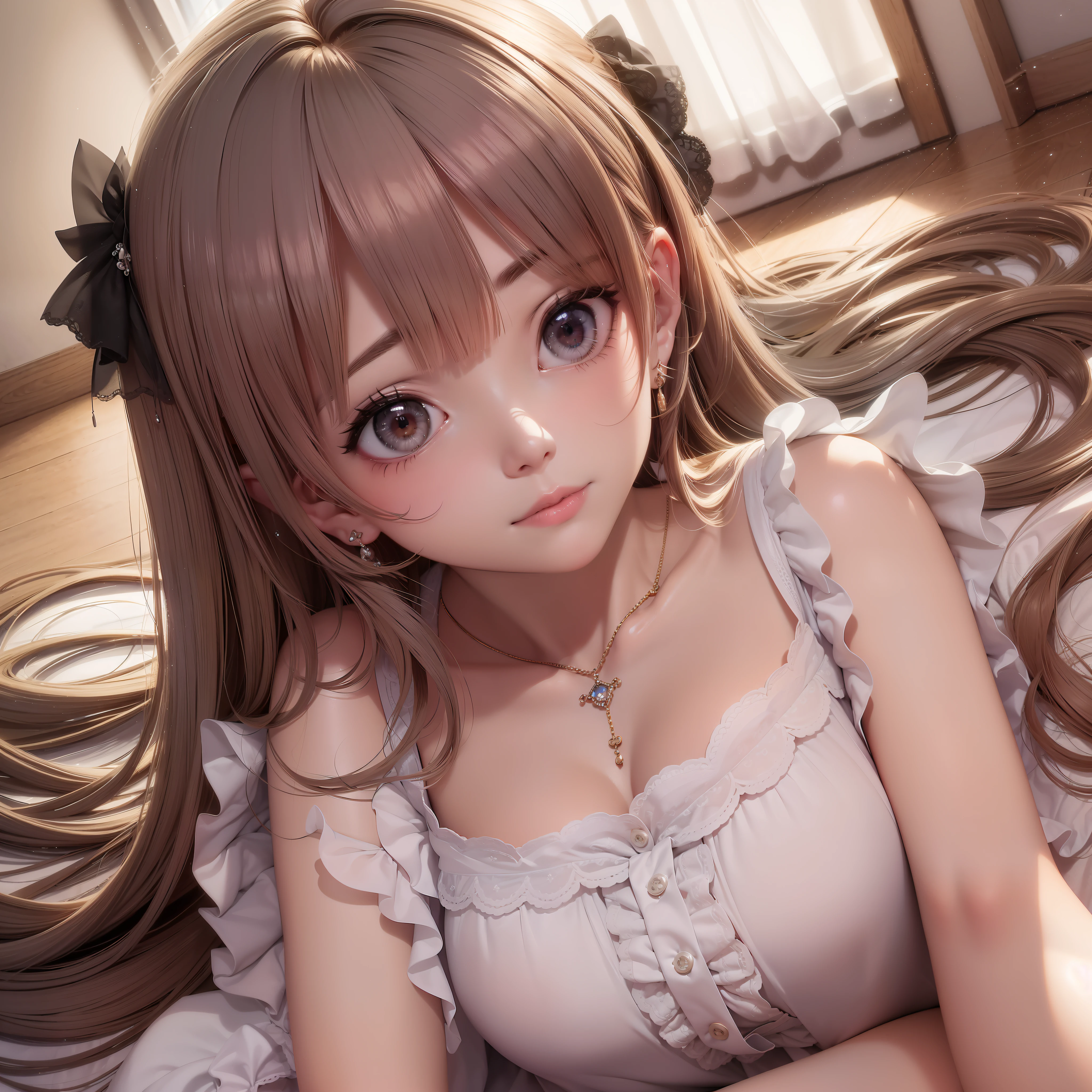 16k ultra-fine CG wallpaper, masterpiece, excellent picture quality, super delicate), (excellent light and shadow, delicate and beautiful), real smooth skin, bright face, 18K close-up perfect display, loli, cute girl wearing exquisite sleeveless inch shirt and long skirt, lying prone on the white bed, colorful jewel-like eyes.