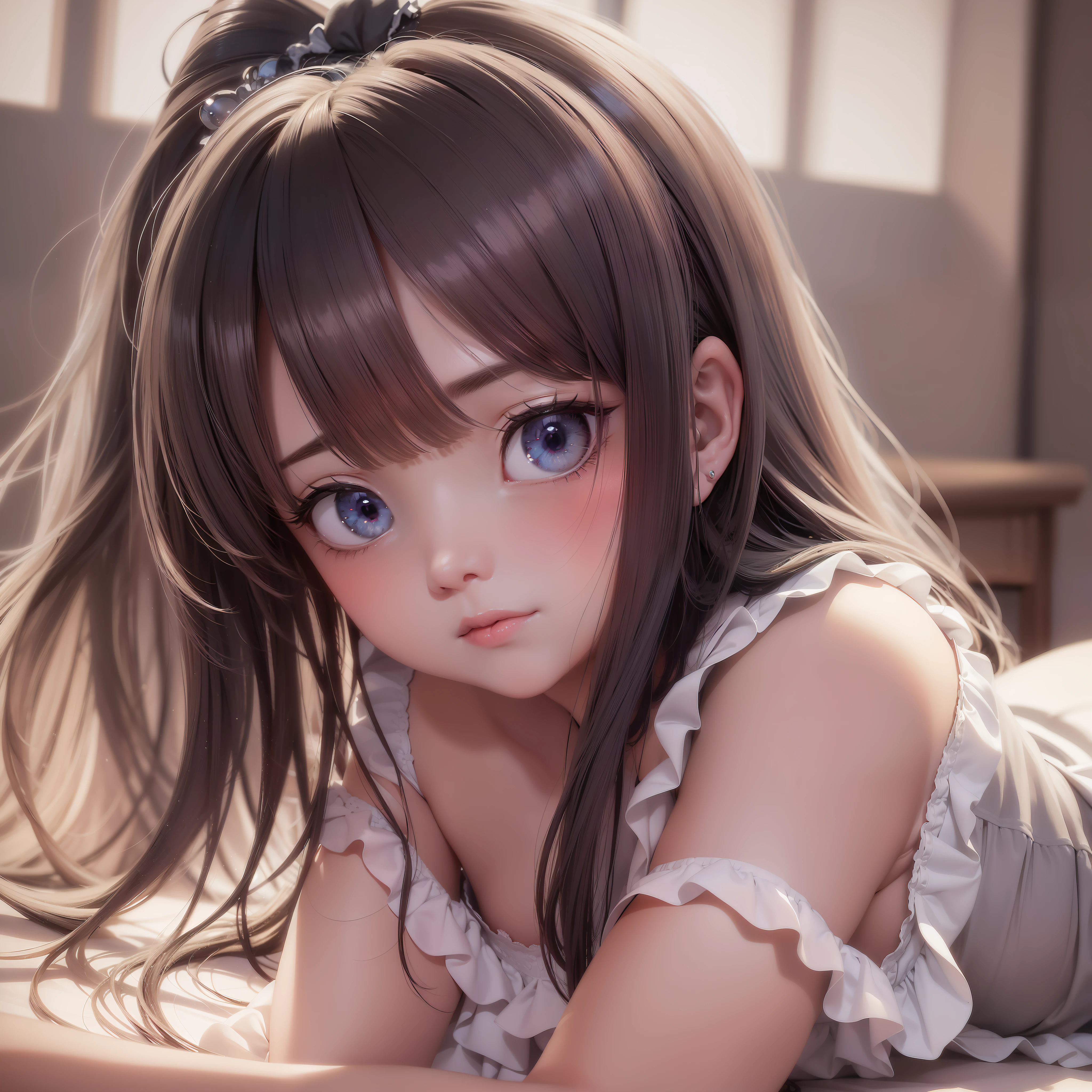 16k ultra-fine CG wallpaper, masterpiece, excellent picture quality, super delicate), (excellent light and shadow, delicate and beautiful), real smooth skin, bright face, 18K close-up perfect display, loli, cute girl wearing exquisite sleeveless inch shirt and long skirt, lying prone on the white bed, colorful jewel-like eyes.