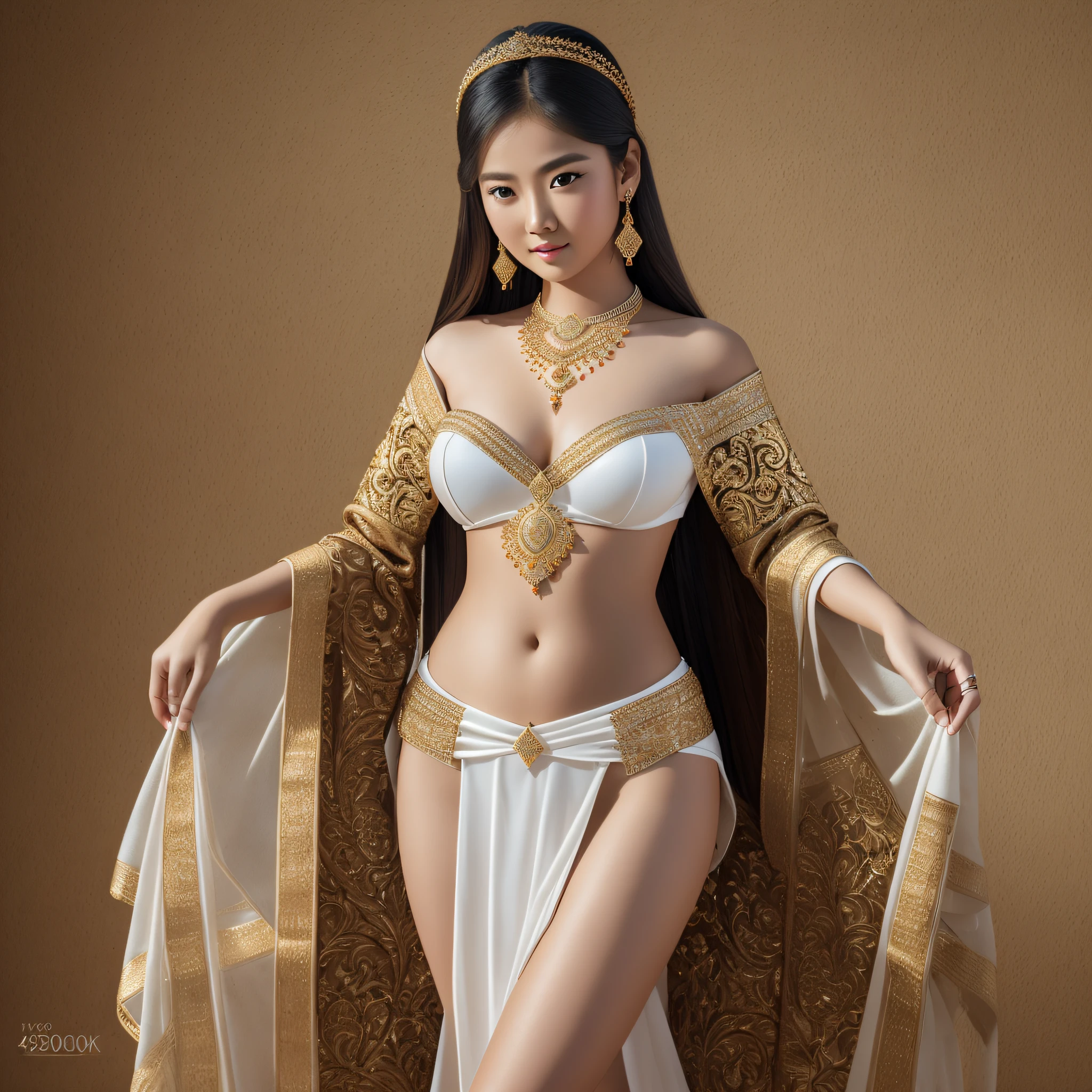 best quality, masterpiece, highres, 1girl, Myanmar dress, Myanmar traditional, Myanmar girl, hair ornament, necklace, jewelry, Beautiful face, upon_body, tyndall effect, photorealistic, dark studio, rim lighting, two tone lighting, (high detailed skin:1.2), 8k uhd, dslr, soft lighting, high quality, volumetric lighting, candid, Photograph, high resolution, sexy body, full body, white skin, 4k, 8k,