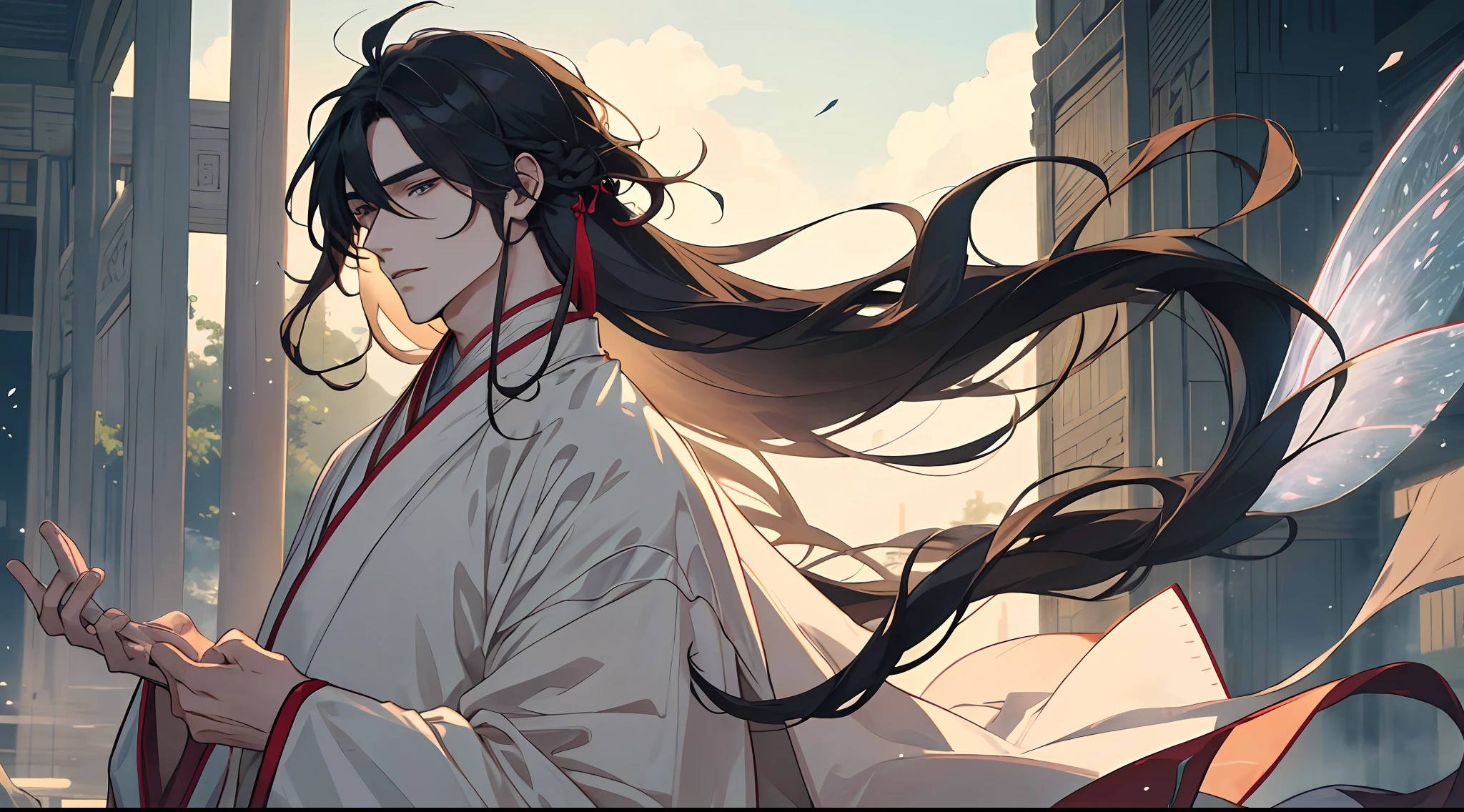 Hanfu, 1 person, mature man, long hair, long bangs, handsome, details of facial features, delicate facial features, wide robe and large sleeves, fairy air fluttering, floating, clouds and mist