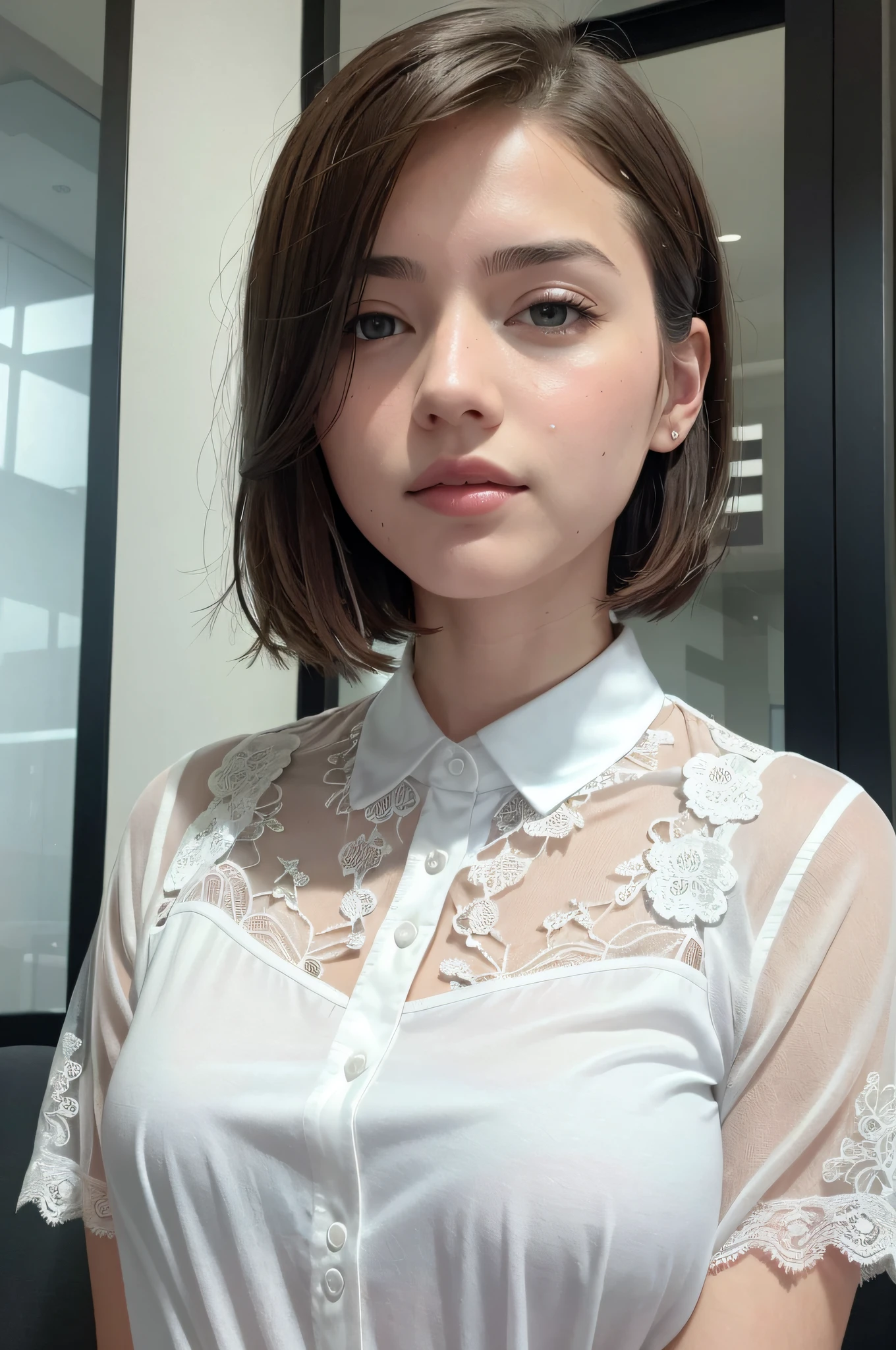 (8k, Best Quality, Masterpiece: 1.2), (Realistic, Photorealistic: 1.37), Super detailed, 1 girl, Cute, Solo, Beautifully detailed sky, Detailed cafe, Night, Sitting, Dating, ( Nose blush), (smile: 1.15), (closed mouth) small breasts, fine and beautiful eyes, (collared shirt: 1.1), night, wet, office clothes, rain, white lace, (short hair: 1.2), floating Hair NovaFrogStyle,