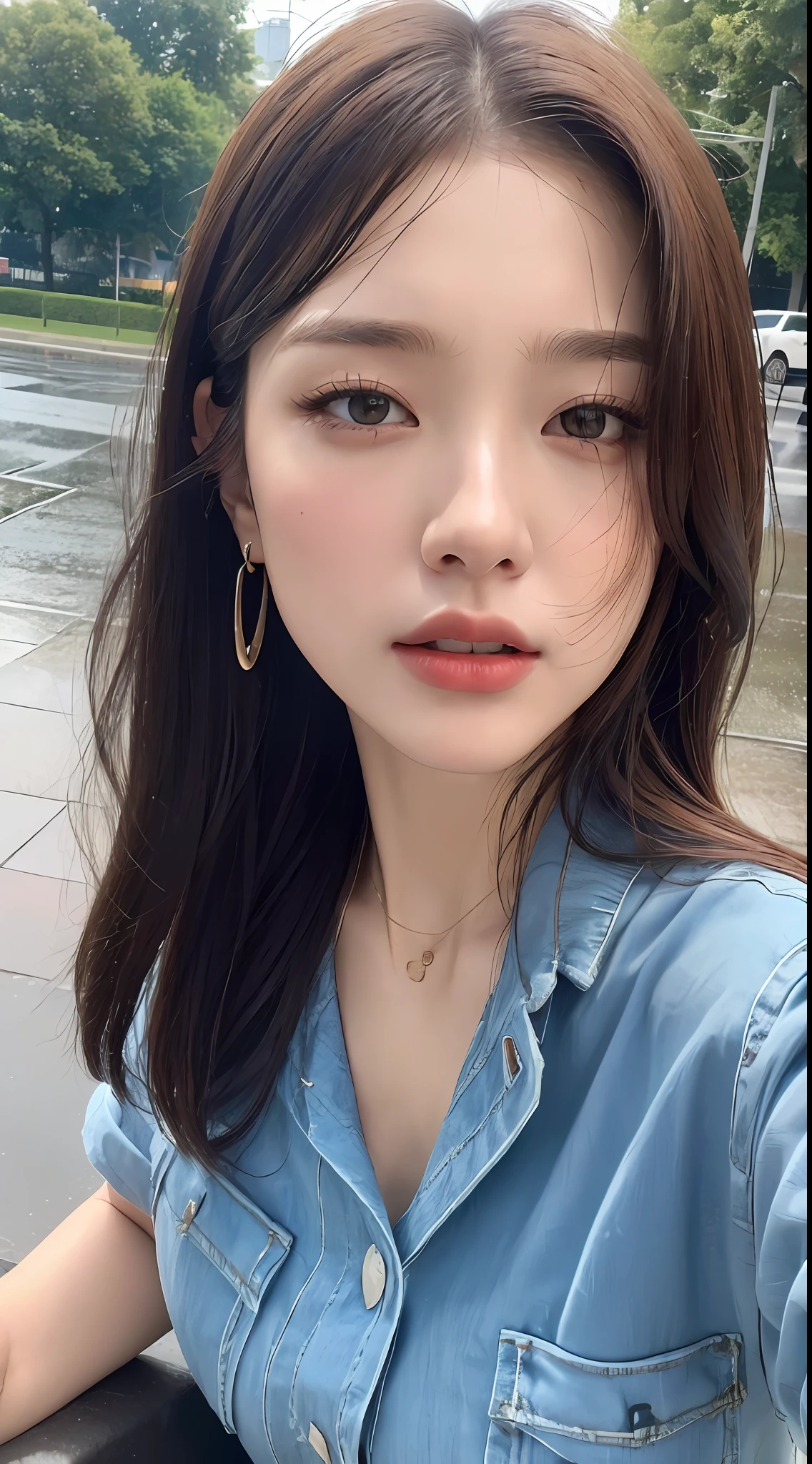 ((Best Quality, 8K, Masterpiece: 1.3)), Sharp: 1.2, Perfect Body Beauty: 1.4, Slim Abs: 1.2, (Rain, Street: 1.2), Roadside Bench, Wet: 1.5, Highly Detailed Face and Skin Texture, Crying