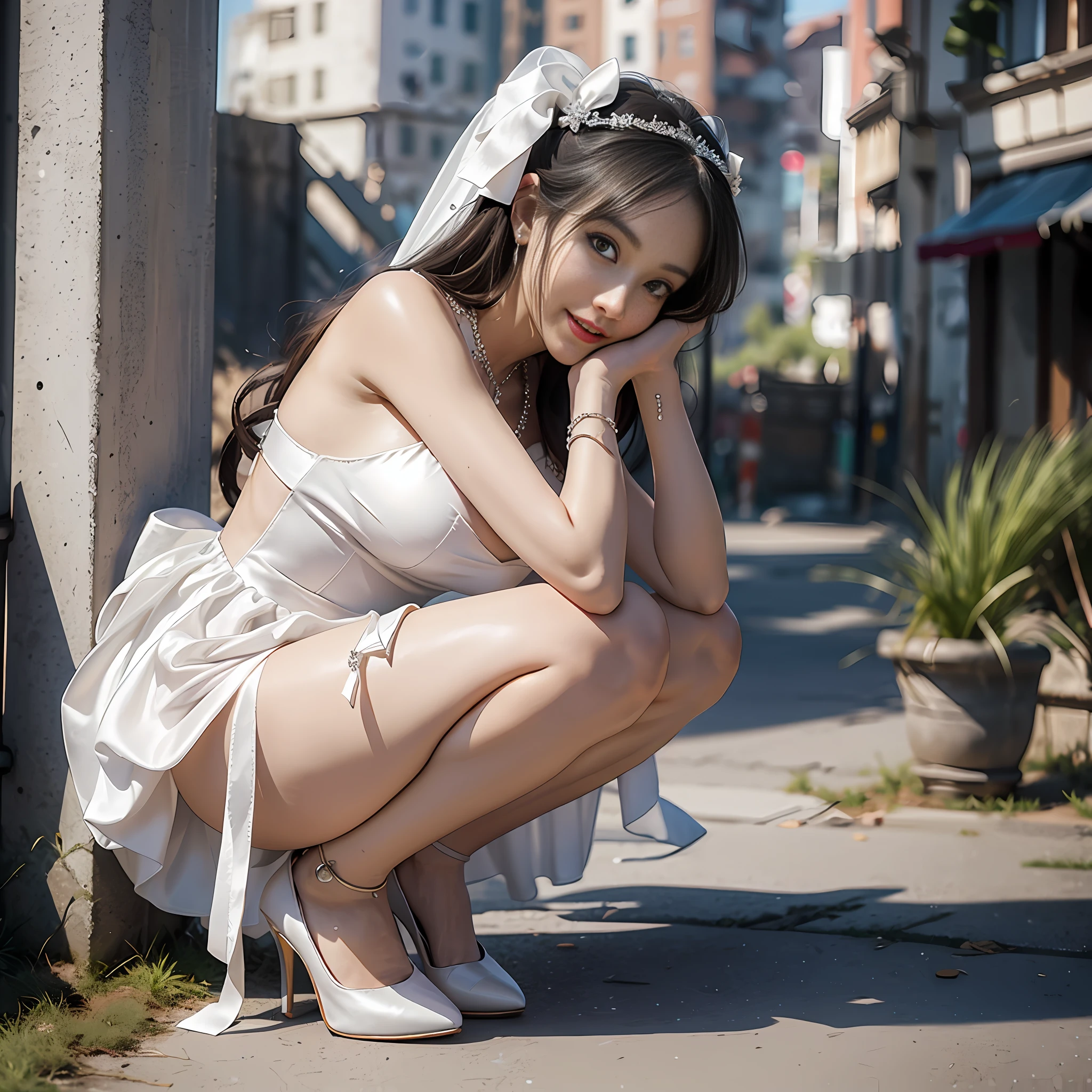 Young Goddess, Slum, Half Squat, Head in Hands, Armpits, Stiletto Heeled Pointed Toe Wedding Shoes, Pure White Elegant Gorgeous High Heels: 1.5, Wedding Dress, Smile, Real Skin, Absolutely Beautiful Face, Tall Fair, Jewelry, High Definition 8K, Perfect Anatomy