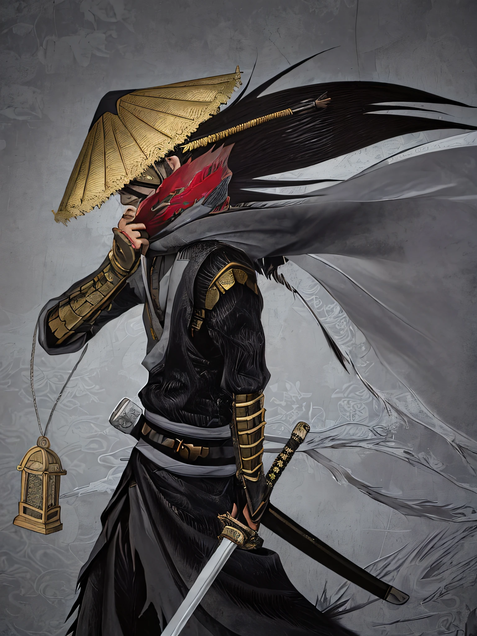 With a sword in his hand, a Chinese assassin, a Chinese martial artist, a Chinese warrior, a scabbard hanging from his waist, a cloak on his head, and a mask