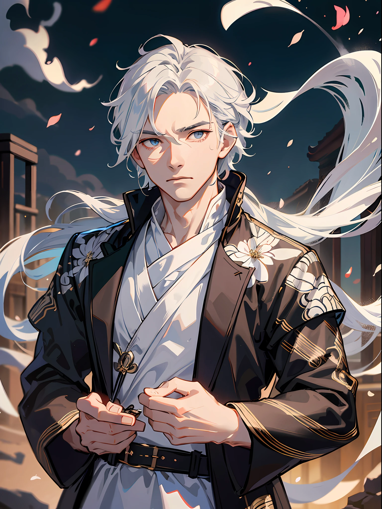 Adult male, strong, black, silver hair, windswept hair, resolute eyes, white dress, gorgeous accessories, magic smoke around him, fov, f/1.8, masterpiece, ancient Chinese architecture, night, flower petals flying, front portrait lens, side lighting, moonlight shining on people, 8K