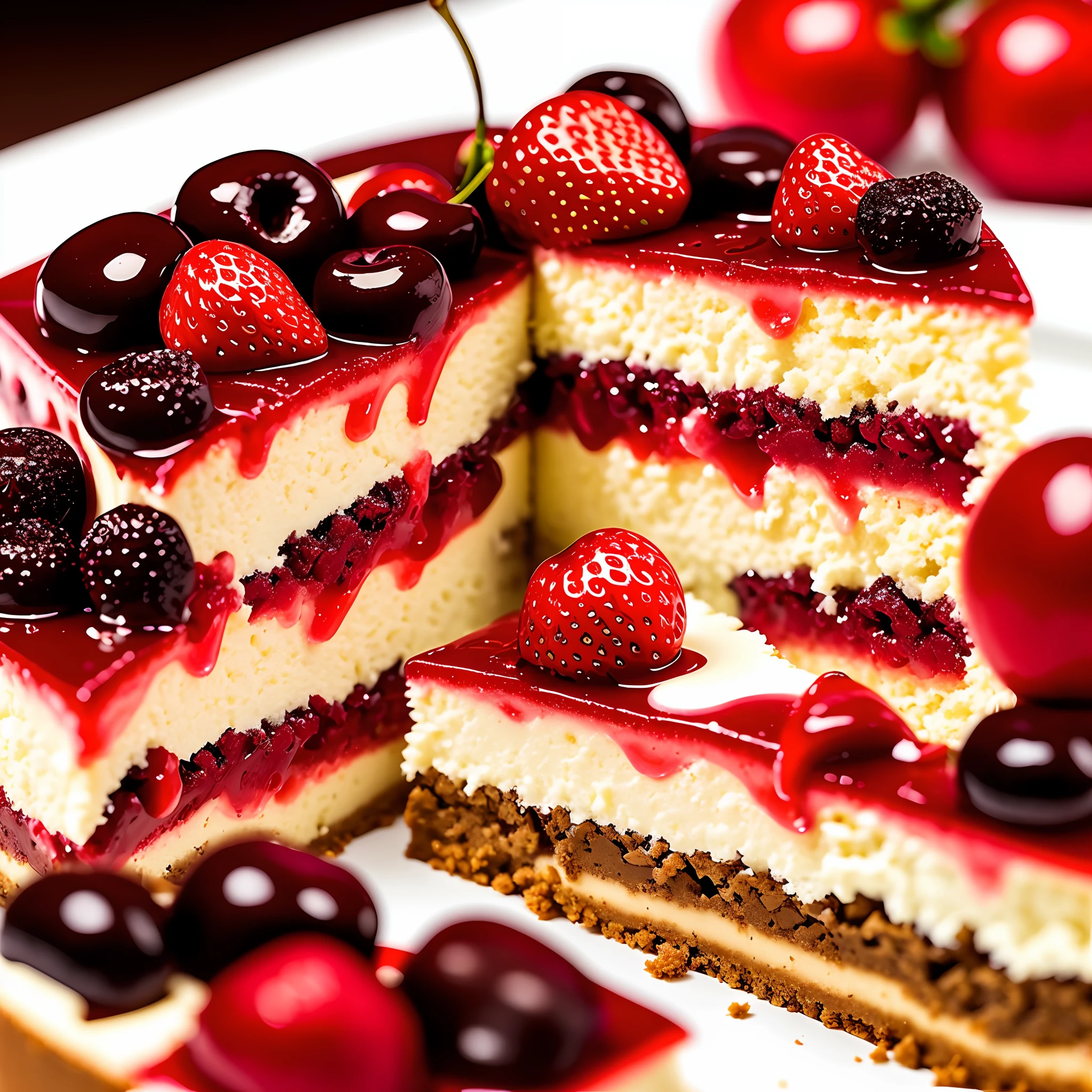 Appetizing cherry, strawberry, cheesecake with chocolate, delicious, fragrant, detailed professional photography and light, close-up
