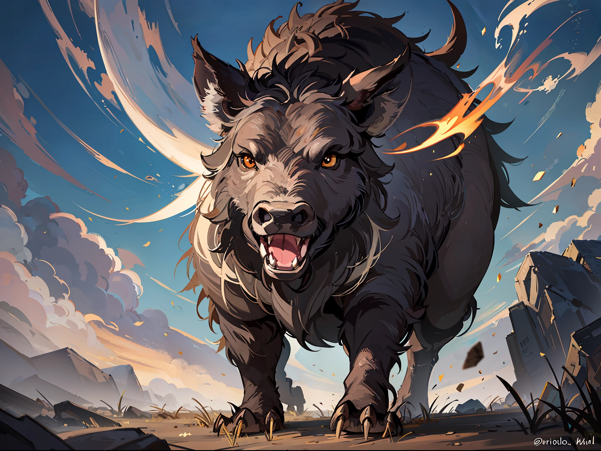 A large wild boar, showing its fangs, angry and fierce eyes, (ethereal light), (mysterious atmosphere), (intricate details), full body photo, frontal