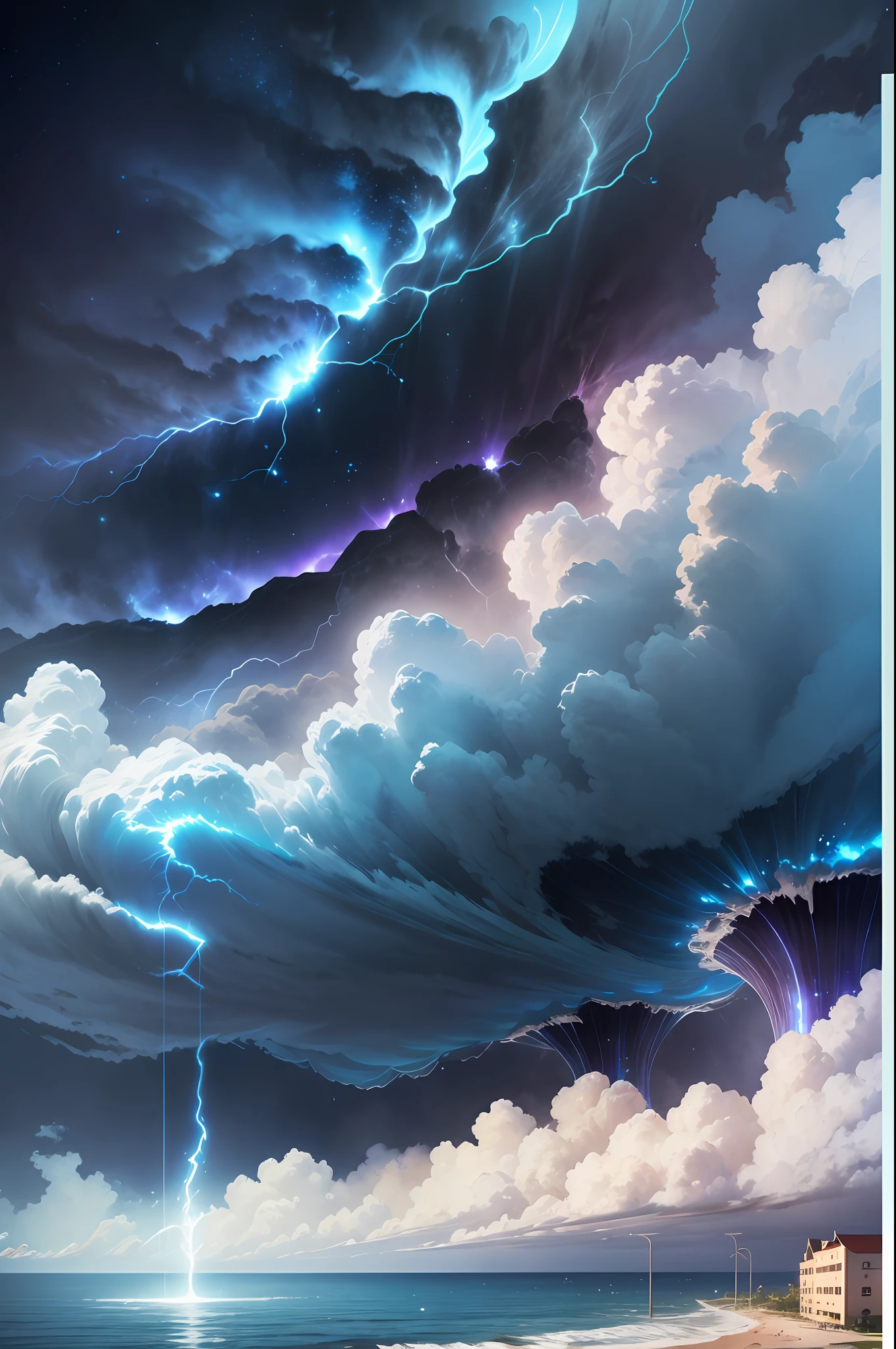 (Category 12 Super Large Tornado: 1.2), blue and black lightning effect particles emitted around, next to the school is the sea as the background, top view view, clear HD, 8K resolution, digital painting, concept art, Shinkai Makoto style, POP trend, Pixiv trend.