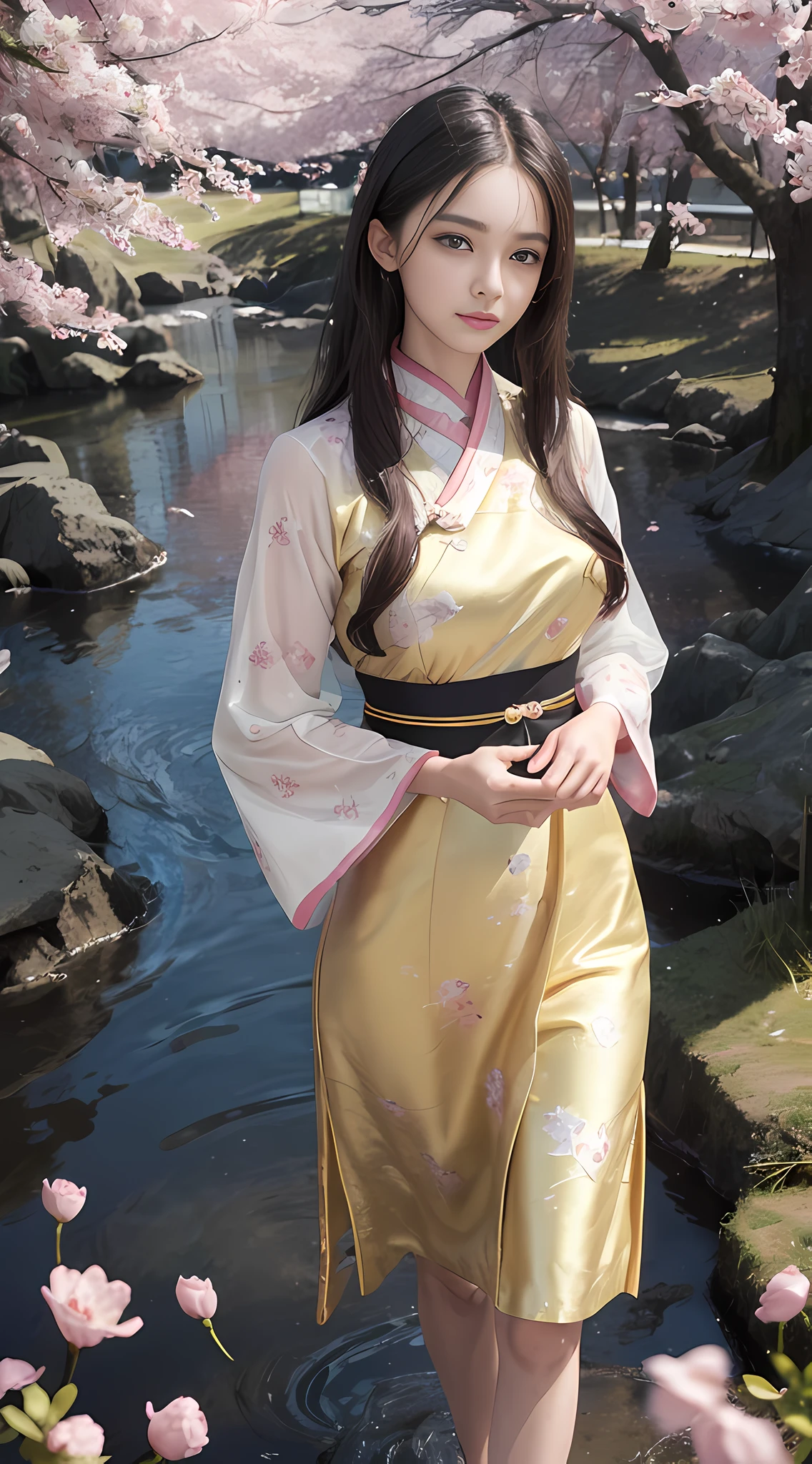 (Hanfu), (Chinese clothing), (print), (yellow print Chinese shirt), (pink/yellow/blue/white/red/black print long skirt), BREAK, 1 girl, single, looking at the audience, flat bangs, (young cute beautiful 18 year old girl: 1.1), 3d face, beautiful girl, beautiful face, beautiful, girl face, kpop idol, supermodel, stunning innocent symmetrical face, (Guido Daniele's hand), perfect body, slender waist, slender legs, (High detail skin: 1.2), glowing eyes, goddess, natural skin texture, shiny skin, fair skin, beautiful detail face, detail face, real skin texture, cute delicate face, fine detail face, golden ratio, golden ratio face, expressive eyes, perfect face, perfect skin, perfect face, clear face, shiny hair, pale skin, proper body proportions, perfect anatomy, realistic skin texture, sweet lips, smooth lips, natural makeup, beautiful bright pupils, slender figure, complex eyes, fine pupils, delicate face and eyes, long eyelashes , blush, good hands, perfect hands, beautiful face, beautiful female body, fine skin, oily shiny skin, break, (golden time, cherry blossom tree background, petals falling, dawn light, cobblestone path, architectural pavilion, chinese architecture, mountain, fog lake, ancient chinese background, puddles, after rain, wet grass and trees, (sky overcast with rainbow), (sunlight reflection), sea of flowers, on grass, (waterfall: 1.2), ((breeze)), splash, petal splash, leaves, nature, river, (forest), (bloom), bloom effect, details beautiful steppe with petals, flowers, butterflies, petals, ((surrounded by heavy floating petal streams))), flowers, (black hair: 1.3), (hanfu), (chinese clothes), ((print)), (green/blue/yellow/pink/white/black gorgeous print long sleeves), (pink/white/black/green/blue/yellow print sheer dress), Red Lips, (Chinese Countryman), (Pond), (Full body: 1.3), (Glow particles: 1.4), (Glow: 1.1), Beautiful sunset, wind, fog, (pink hair: 1.3) Outdoor, (wavy hair), (long hair), (ahoge), (violet eyes), (golden accessories), (iridescent color) watercolor, usable light, detailed light, smile, volumetric fog, beautiful light, color refraction, rembrandt lighting, film, pixel art, game art, key vision, surreal, PBR texture, Anisotropic filtering, maximum sharpness and sharpness, albedo and specular maps, multi-layer textures, surface shading, subpixel convolution, subpixel gyration, accurate simulation of light-material interaction)))), BREAK, < Blur Foreground, Wide Light, Volumetric Light Effect, Matte Painting, Perfectly Defined Features, Volumetric Lighting, Tone Mapping, Lumen Reflections, Global Illumination, Ray Tracing, Screen Space Global Illumination, Accent Lighting, 32K, Natural Lighting, Volumetric, Cinematic Masterpiece, Rule of Thirds, High Dynamic Range, Multi-Exposure HDR Capture, Movie Rendering, Game CG Movies, Atmospheric Perspective, Movie Scenes, Epic Dynamic Frames, Motion Blur, ((Cinematic Look, Cinematic Look)), Edge Light, 4K Textures, Adobe Lightroom, Photolab, Crazy Detail, Hyperdetail, Exposure Fusion, Professional Color Grading, Professional Color Correction, Aerial Perspective, Particles and Dust in Beams, Cinematic Scenes, Dynamic Lighting, Clear Details, Lomography, Soft Focus, Light Leakage, Bold Tones, Atmospheric Depth (Explosive Light and Shadow: 1.2), Aesthetics, Complex Design, Surreal Digital Art, (Zentangle, Mandala, Tangles, Entangles), (fractal art), elegant, vivid colors, floating particles, particles, dramatic, epic, (ink painting, oil painting details), (dramatic lighting: 1.2), (eye focus, face focus, character focus, close-up face: 1.3), (holland horn, cowboy shot: 1.1), RAW, huge file size, extremely detailed CG, photos, 8k uhd, cinematic atmosphere, popular on art stations, award-winning glamour photos, highly detailed photos, official art, Beautiful and beautiful, uniform 8k wallpaper, beautiful, highly detailed CG illustration, best illustration, complex, stunning, emotional, analog, painting, digital painting, concept art, oil painting, illustration, classical art, renaissance, romanticism, neoclassicism, color palette, depth and contrast, vibrant colors, saturation, rich saturation, color harmony, vivid color palette, concept art, design style, detail features, concept rendering, colorful, simulated photography, dream atmosphere, specular highlight, Atmospheric lighting, (dynamic angle, dynamic pose: 1.3), (glossy, reflective clothes, lens flickering