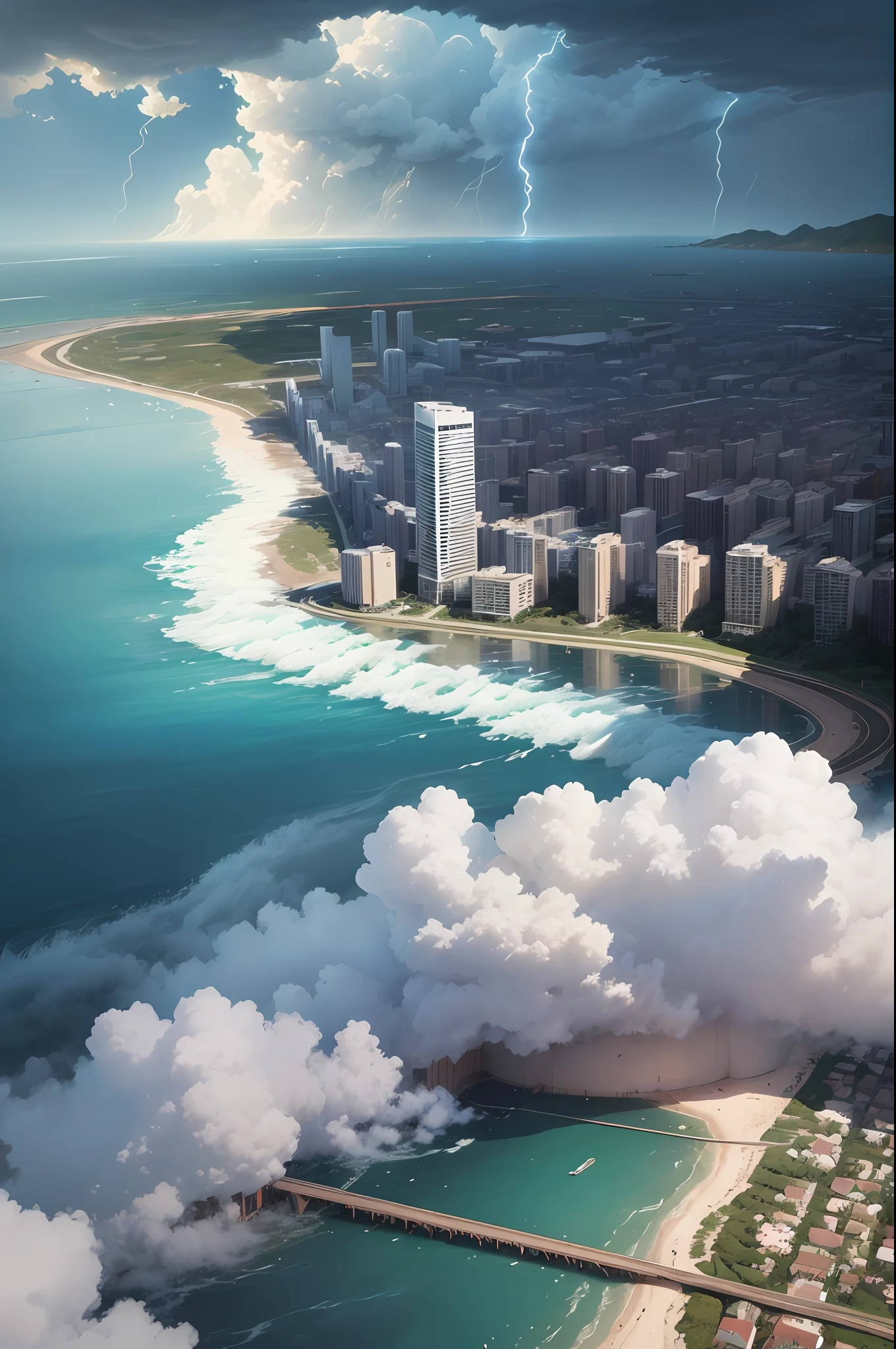 (Level 12 Super Large Tornado: 1.2), the sky is cloudy, debris is flying, next to the school is the sea as the background, top view, clear HD, 8K resolution, digital painting, concept art, Shinkai Makoto style, POP trend, Pixiv hot trend.