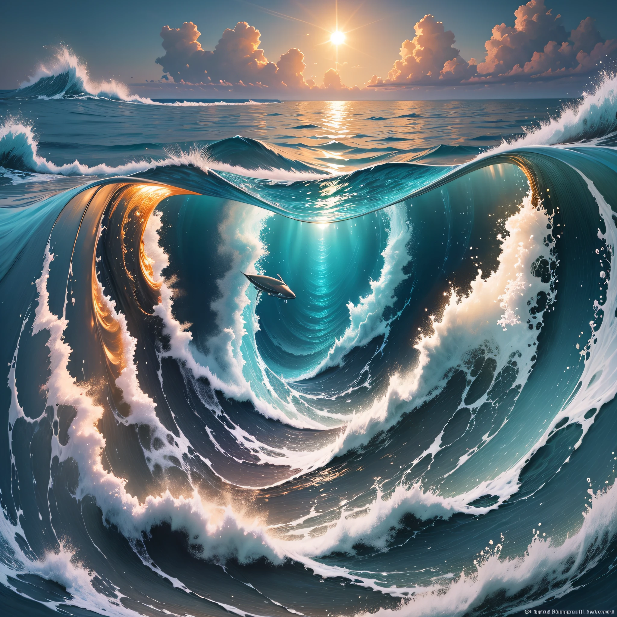 "The vastness of the ocean stretches to the horizon, and magnificent whales break the waves and dive into the depths. The sun shines on the water, shrouding a warm golden glow over everything it passes through, creating a stunning visual masterpiece. Let the tranquility and beauty of the underwater world captivate your imagination with its soft color palette, smooth movements, and serene stillness. ” --auto --s2