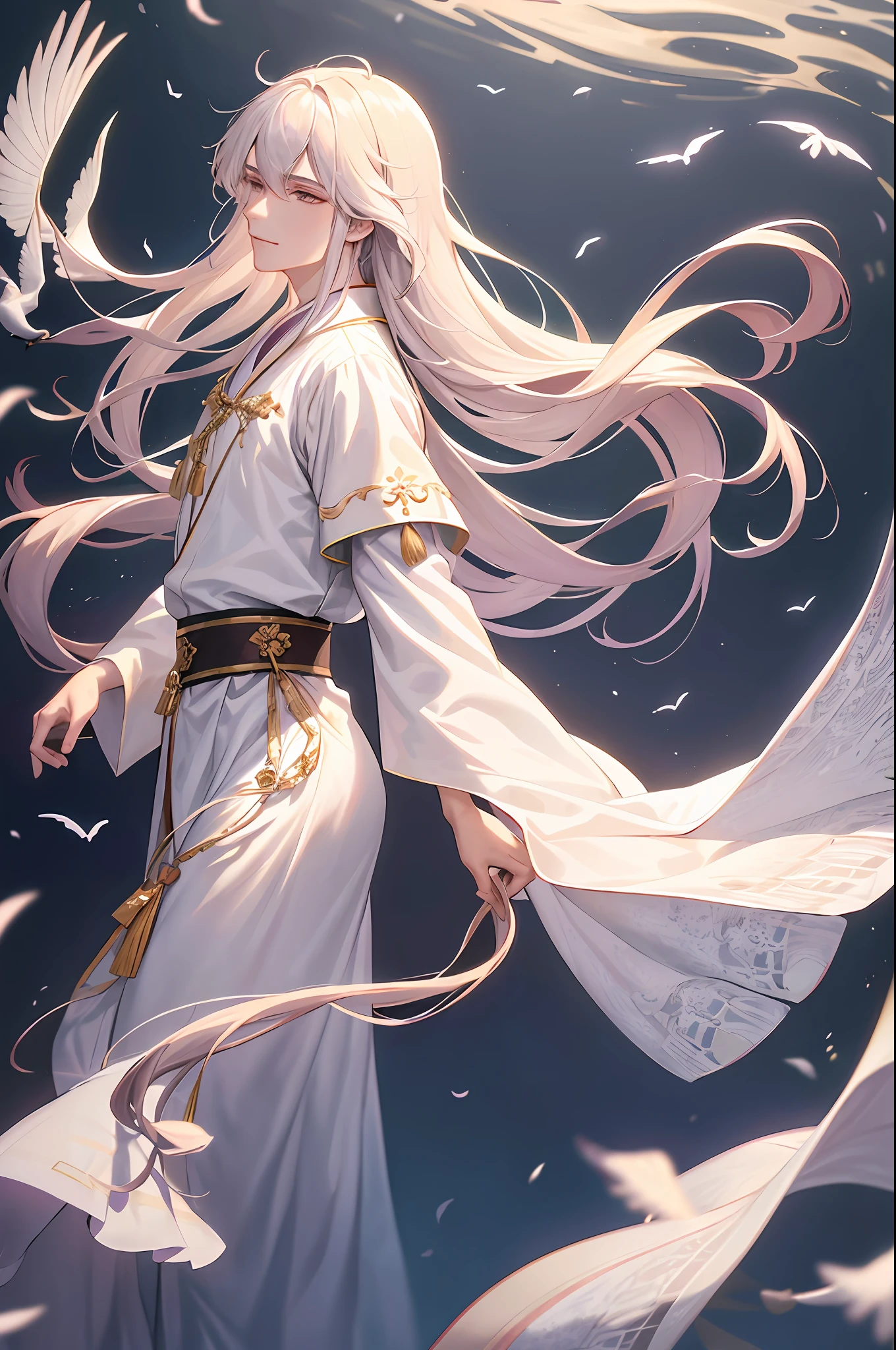 Young man, male, manly, 1boy, Hanfu, mature man, long hair, long bangs, handsome, details of facial features, delicate facial features, wide robe and big sleeves, fairy air fluttering, floating, clouds, cranes, gauze clothes, transparent blouses, smiles, gentle expressions, dusty, holy, unrestrained