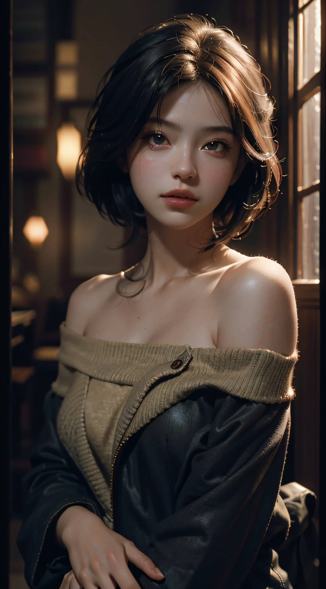 Best quality, masterpiece, ultra high res, (photorealistic:1.4), raw photo, 1girl, off shoulder, cinematic lighting