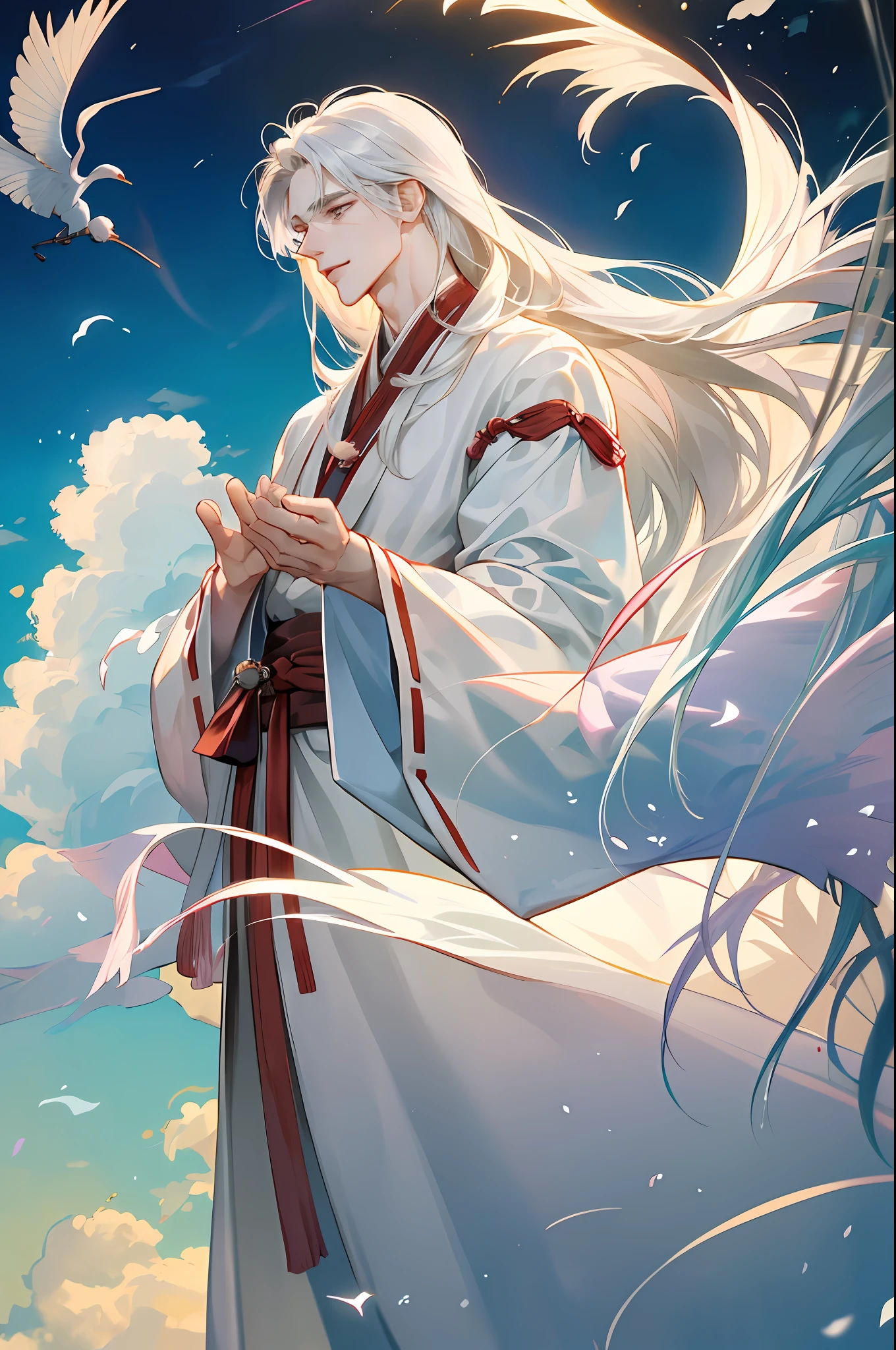 Young man, male, 1boy, Hanfu, 1 person, mature man, long hair, long bangs, handsome, facial features, delicate facial features, wide robe and big sleeves, fairy air fluttering, floating, clouds, fairy cranes, gauze clothes, transparent blouses, smiles, gentle expressions, dusty, holy, unrestrained