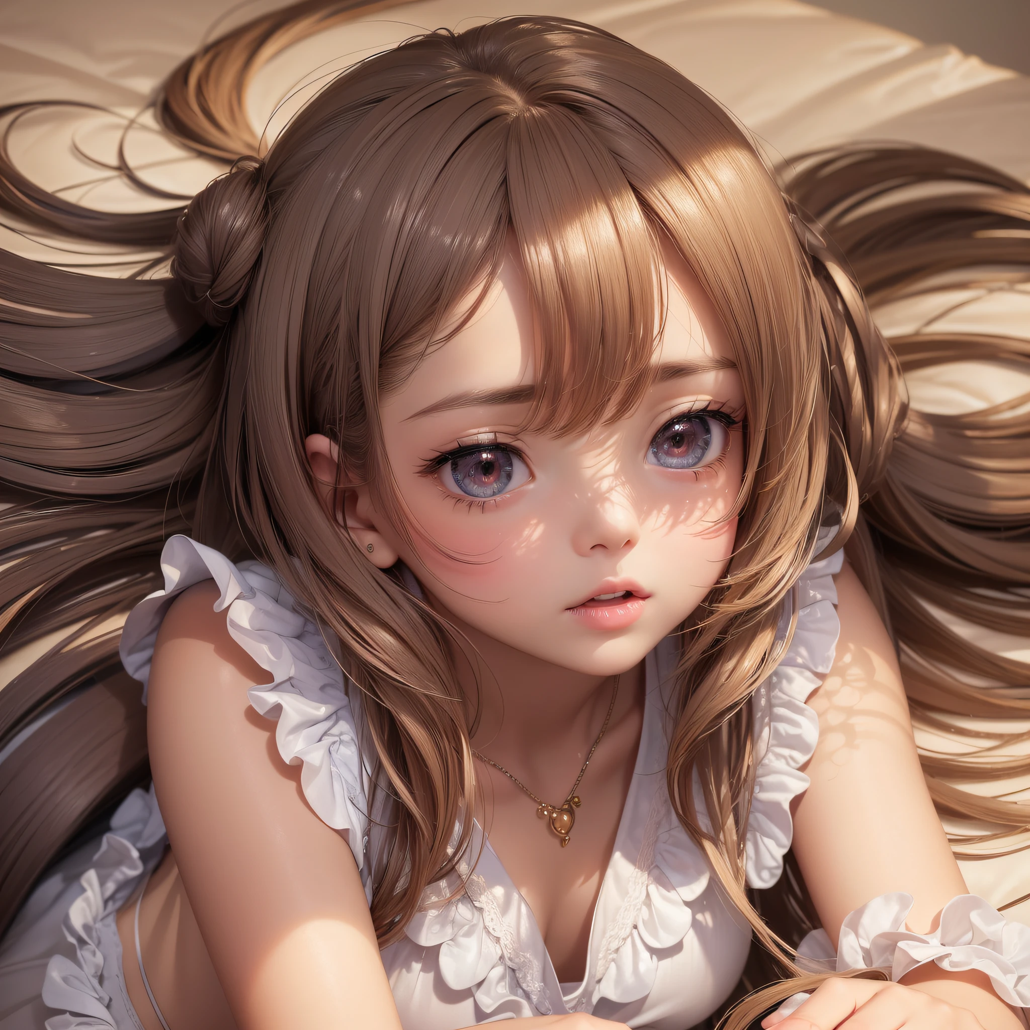 16k ultra-fine CG wallpaper, masterpiece, excellent picture quality, super delicate), (excellent light and shadow, delicate and beautiful), real smooth skin, bright face, 18K close-up perfect display, , cute, girl wearing exquisite sleeveless shirt and long skirt, lying prone on the white big bed, colorful jewel-like eyes.