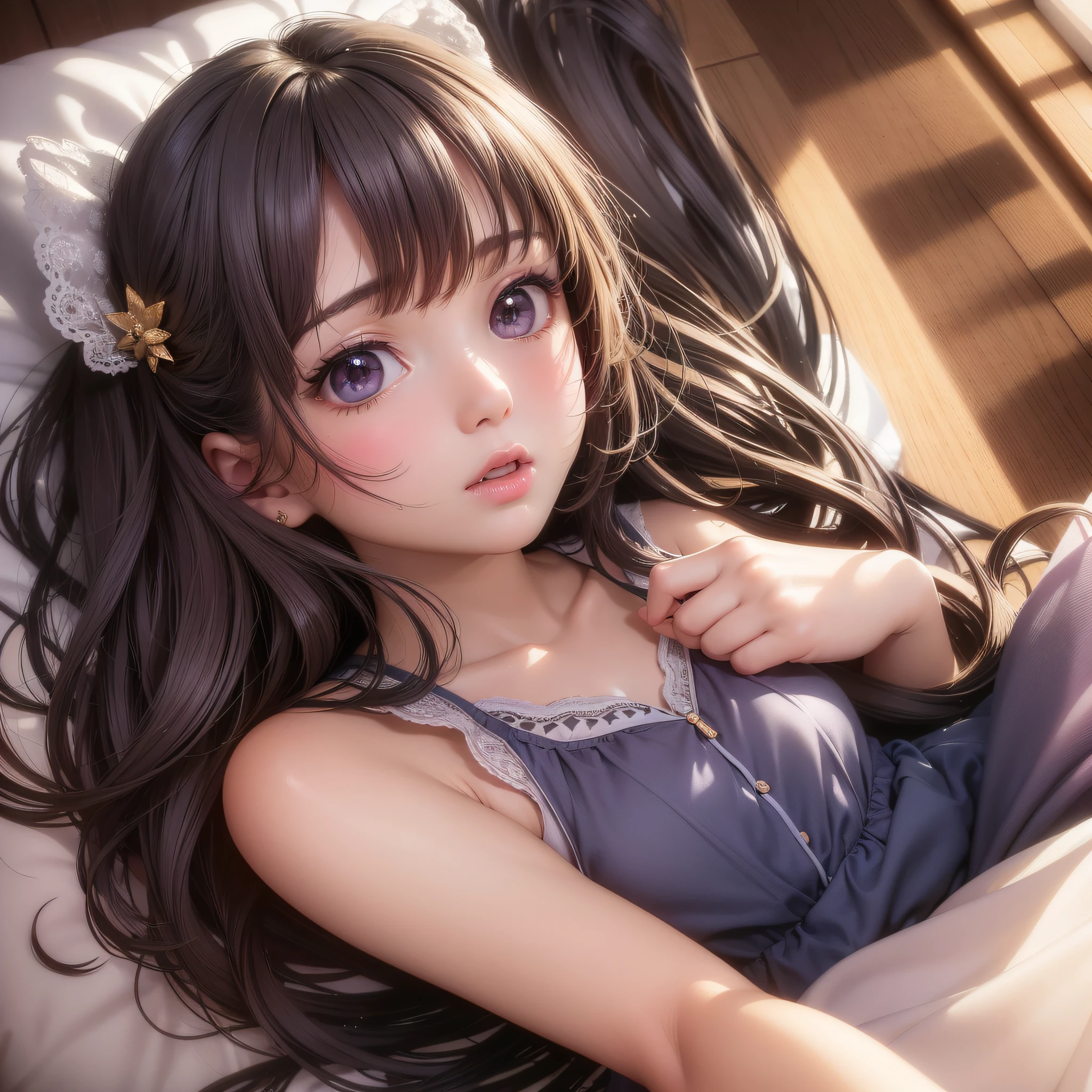 16k ultra-fine CG wallpaper, masterpiece, excellent picture quality, super delicate), (excellent light and shadow, delicate and beautiful), real smooth skin, bright face, 18K close-up perfect display, loli, cute, girl wearing exquisite sleeveless shirt and long skirt, lying prone on the white big bed, colorful jewel-like eyes.