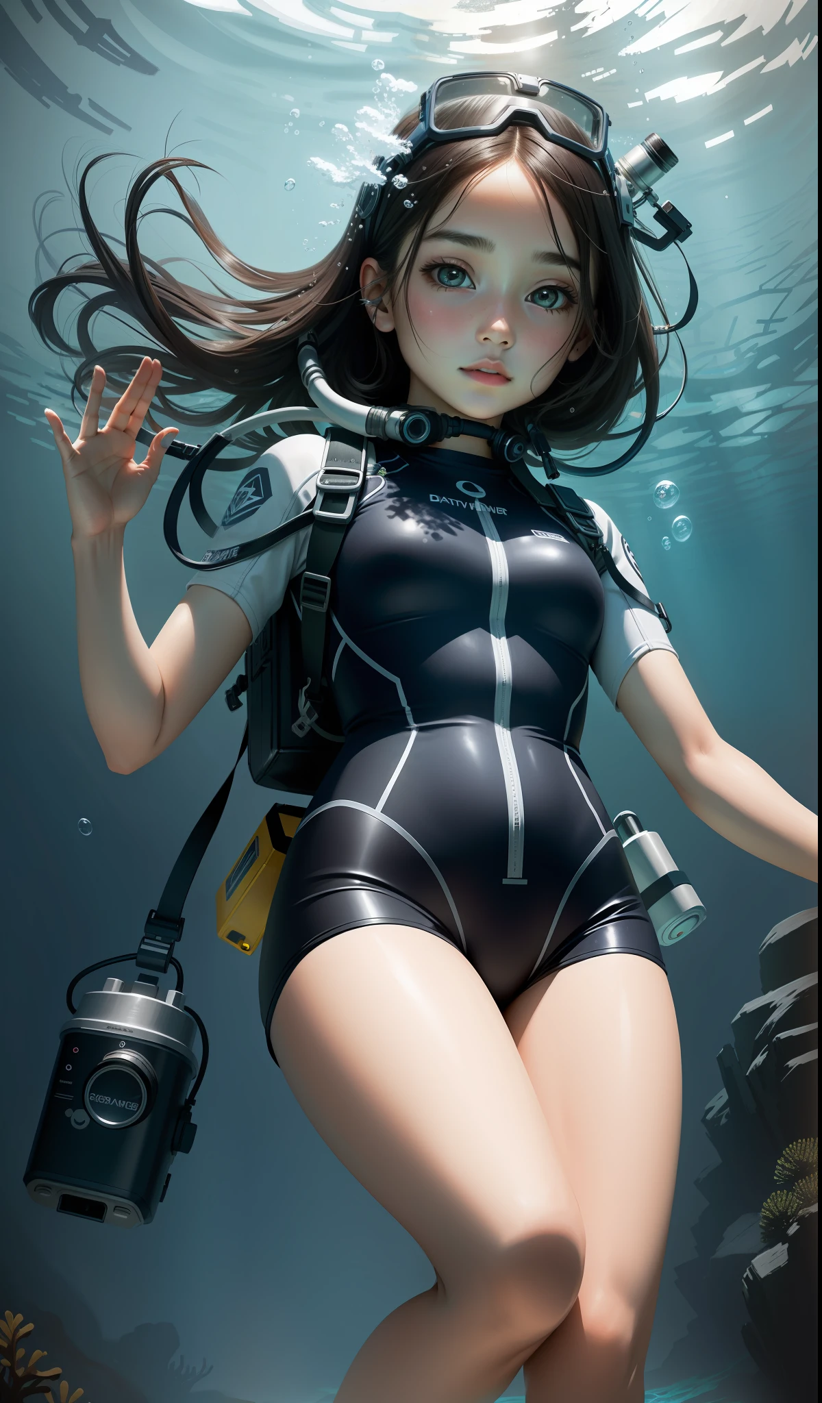 Girl, diver's underwater diving photo, realistic,