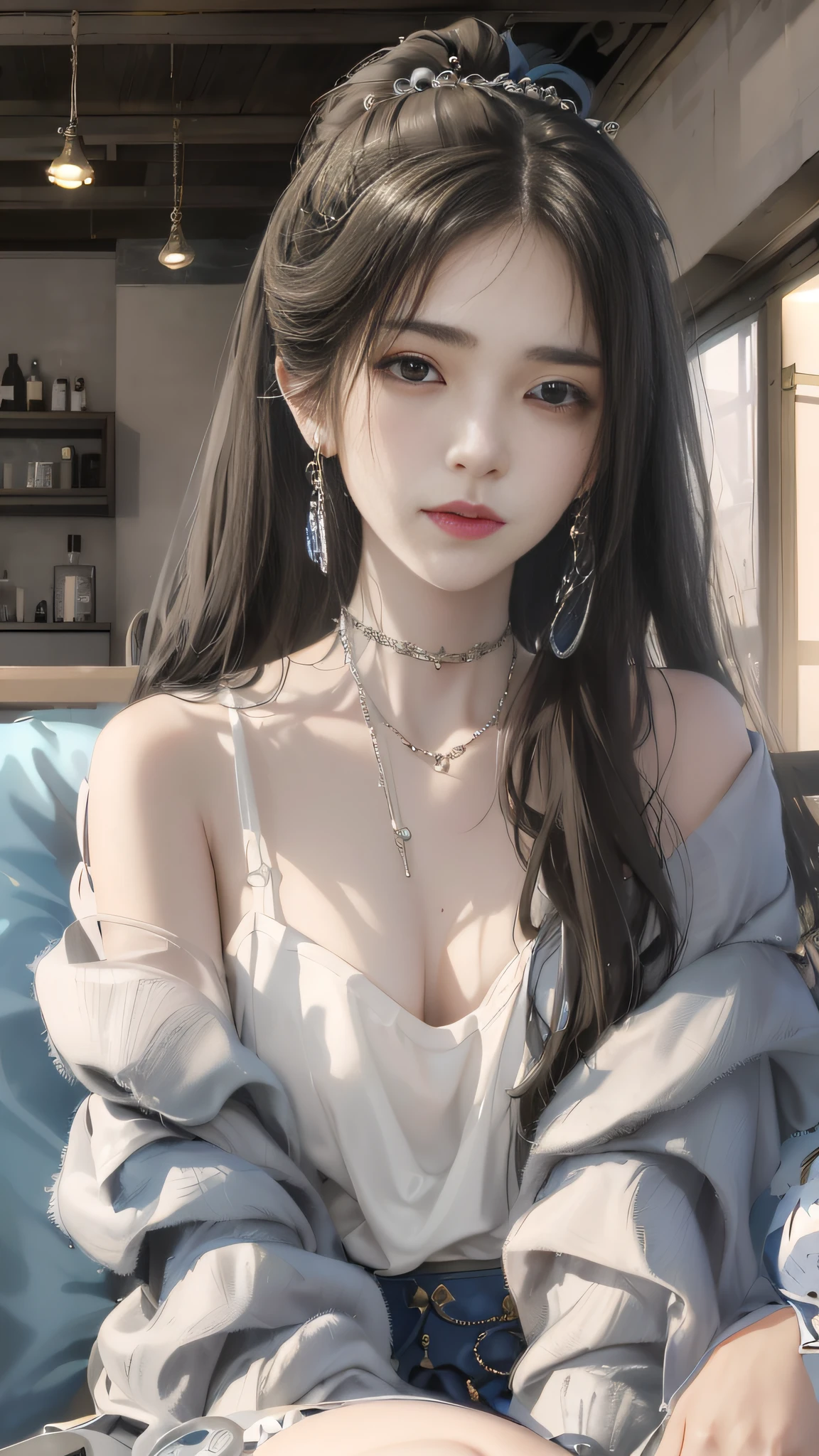there is a woman in a blue dress sitting on a bench, japanese goddess, a beautiful fantasy empress, elegant glamourous cosplay, palace ， a girl in hanfu, anime girl cosplay, trending on cgstation, anime cosplay, japanese fantasy, full body xianxia, trending at cgstation, ((a beautiful fantasy empress)), giant stunning goddess shot