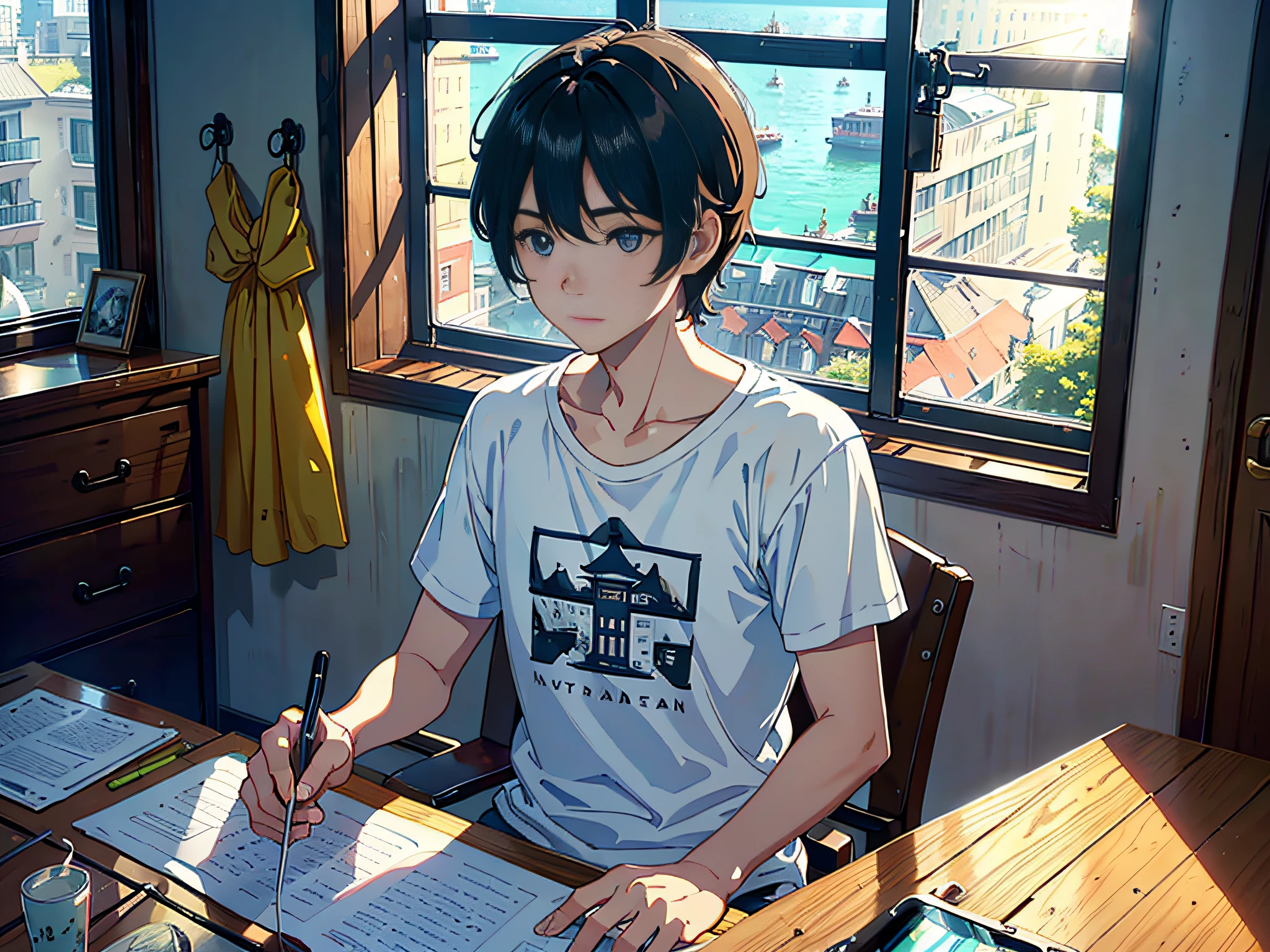 The morning is sunny, a boy is sitting in the bedroom, the man is wearing a white T-shirt, the background is in the bedroom, sitting on a chair, sitting on a stool, holding the mobile phone in his hand to type the action, eyes looking at the phone, mobile phone, the lens is mainly featuring the upper body, (the lens is mainly based on the scenery outside the bedroom window 3.0), in the Loepfe art style ((New Sea City), popular in CGStation, New Haicheng H 2160, inspired by Bian Shoumin, Xinhaicheng, Kavasi, Guwitz's style, high quality, 4K, 8K , resolution, -auto-s2