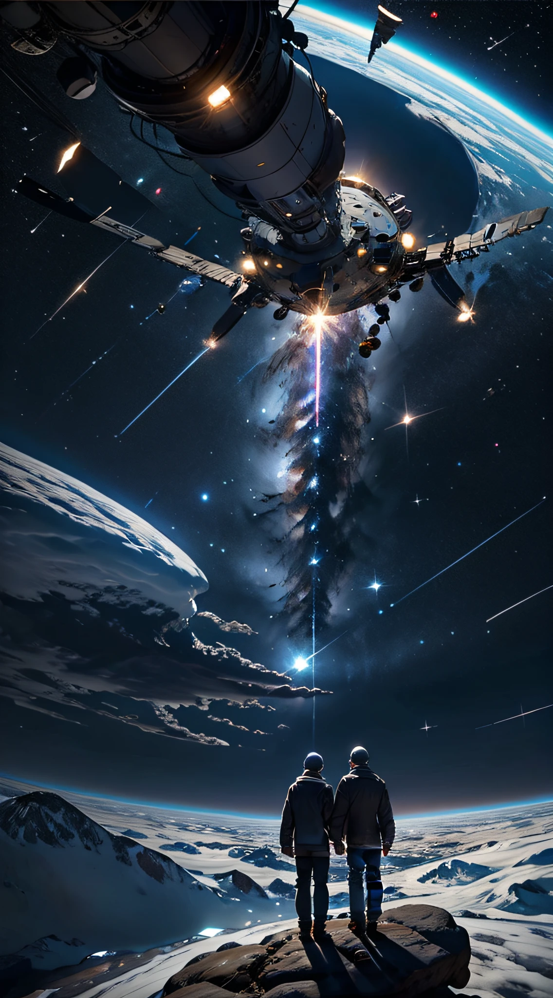 Satellites float quietly in space, surrounded by twinkling stars. On Father's Day, we say goodbye to each other and present an unforgettable gift to our father with the help of technology.