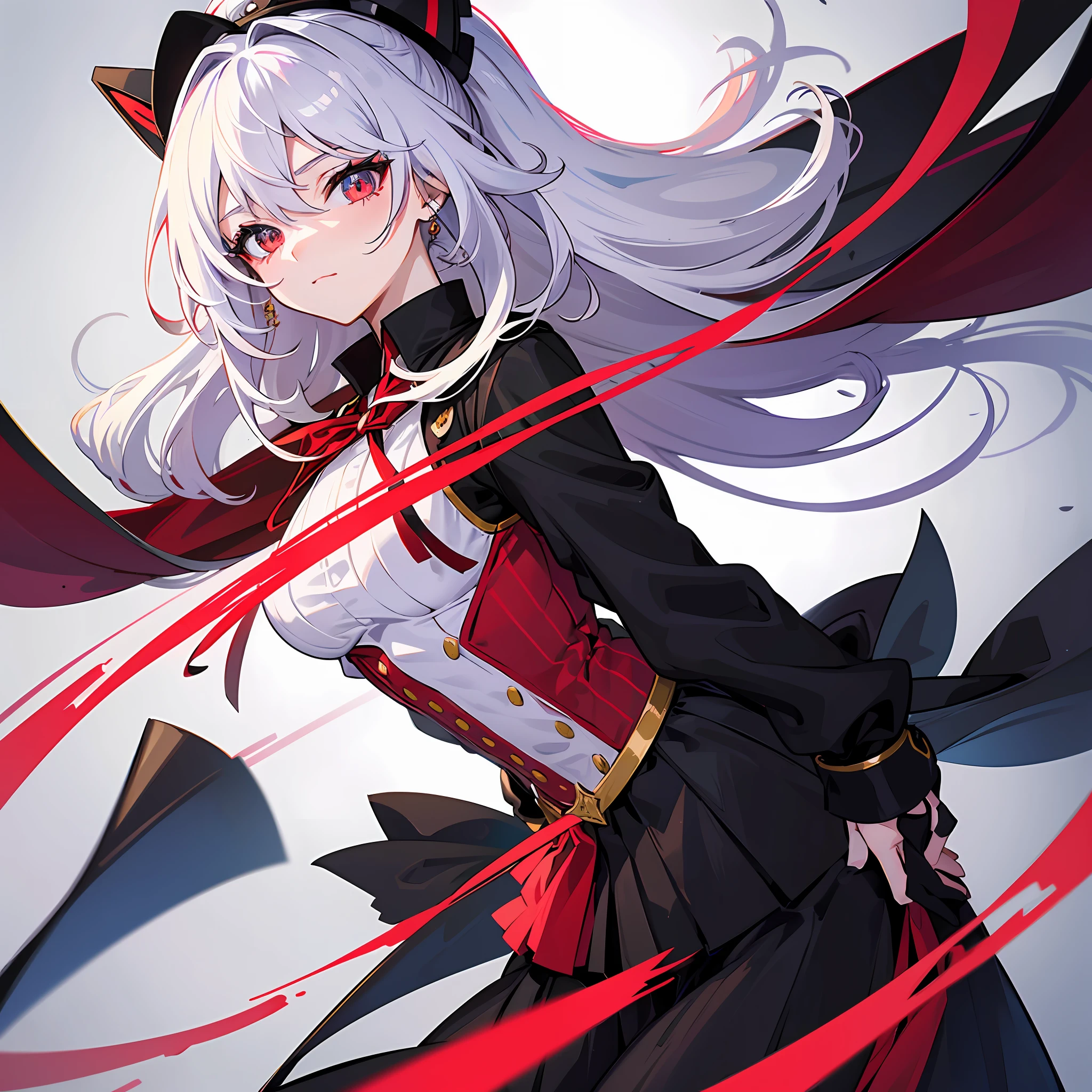 Create a picture of an anime girl with unique hair. Her hair is divided into two colors, white on one side and black on the other. It is long and wavy with striking accents. Her eyes are a bright red, creating an intriguing contrast with her hair color. The clothing she wears can be a stylish school uniform with modern touches or a fantasy costume that reflects her unique personality. Give her a pose that reflects strength or mystery, in line with her intriguing character. Show grace and a strong personality through the picture you create.