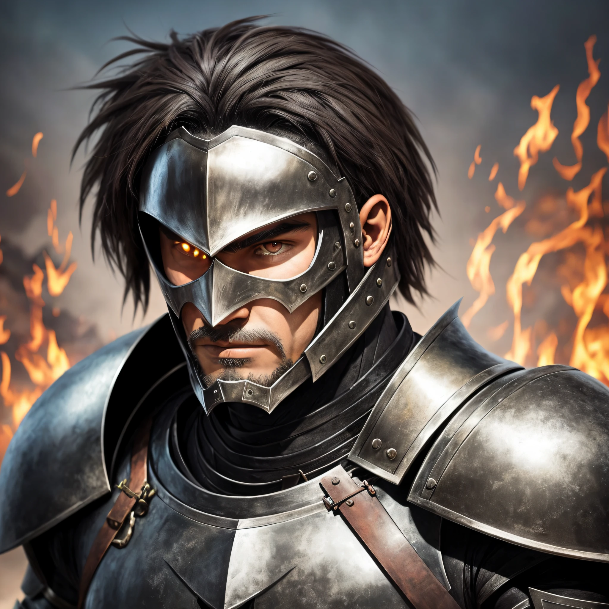 A knight in black armor without a helmet using an upright sword, he has shaved hair, tanned skin, scars on his face, and an expression of anger --auto --s2