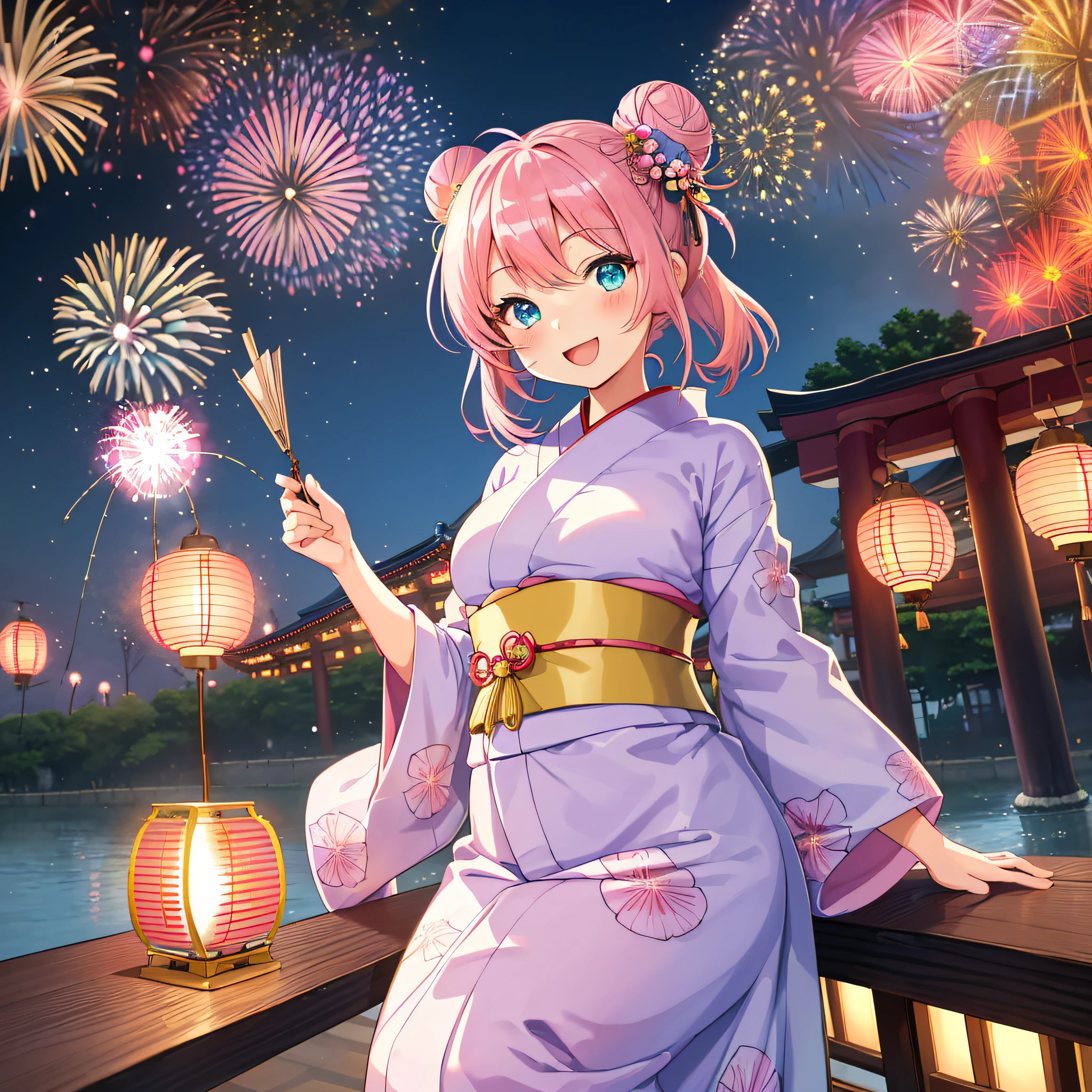 (chibi:1.2) girl, japanse kimono, in japanese summer temple festival (matsuri:1.4), paper lantern, night, (fireworks:1.4) in the sky , Shinto shrine archway, focus on chibi girl, looking at viewer, smile, happy"Kyoto Animation"style anime illustration, top quality, (cute: 1.1), (cute), (high resolution: 1.2), incredibly ridiculous: 1.3, incredibly fine illustration, cute girl, (heterochromia, light blue eyes and light green eyes), solo, standing figure, happy, :d, masterpiece, highest quality, absurdity, high resolution, Official Art, (cute: 1.8), (Chibi character: 1.5)), Solo, (((pink hair, bun hair, kanzashi)), thin hair, 1 beautiful girl, (cute: 1.8), caregiver, maid, (((long yukata, illustration of morning glory, indigo color, luxurious obi)), watch viewer, frontal, princess eyes, big breasts, from the front, Japan festival, night shop, cute geta, deformed character, have a goldfish drawstring,