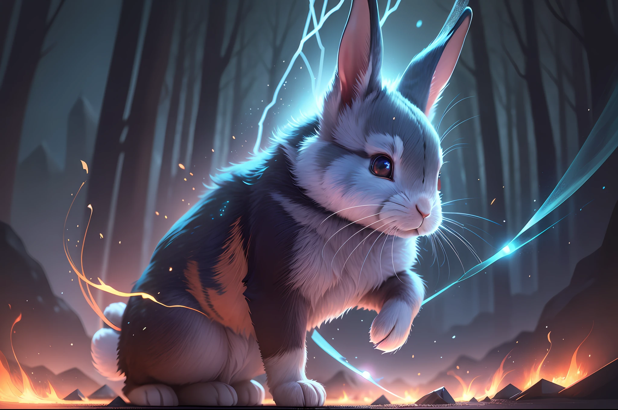 (Rabbit Little Dance, in the dense forest: 1.2) next to emitting blue and black lightning particles, at night, the sky is blood red, the forest is flanked by mountains, the border of Qin State is the background, ultra-wide angle, clear HD, 8K resolution, digital painting, concept art, Shinkai Makoto style, POP trend, Pixiv hot trend.