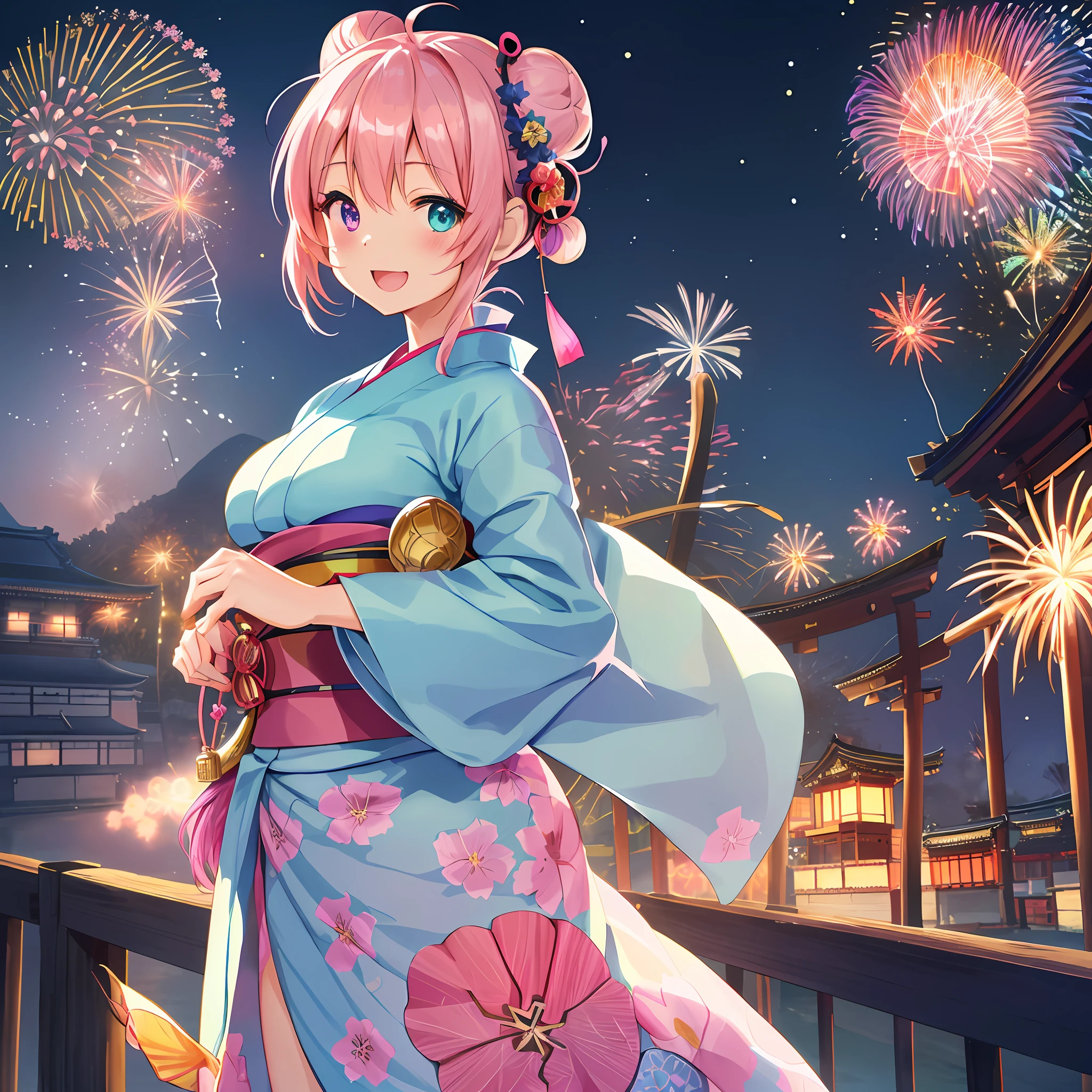 (chibi:1.2) girl, japanse kimono, in japanese summer temple festival (matsuri:1.4), paper lantern, night, (fireworks:1.4) in the sky , Shinto shrine archway, focus on chibi girl, looking at viewer, smile, happy"Kyoto Animation"style anime illustration, top quality, (cute: 1.1), (cute), (high resolution: 1.2), incredibly ridiculous: 1.3, incredibly fine illustration, cute girl, (heterochromia, light blue eyes and light green eyes), solo, standing figure, happy, :d, masterpiece, highest quality, absurdity, high resolution, Official Art, (cute: 1.8), (Chibi character: 1.5)), Solo, (((pink hair, bun hair, kanzashi)), thin hair, 1 beautiful girl, (cute: 1.8), caregiver, maid, (((long yukata, illustration of morning glory, indigo color, luxurious obi)), watch viewer, frontal, princess eyes, big breasts, from the front, Japan festival, night shop, cute geta, deformed character, have a goldfish drawstring,