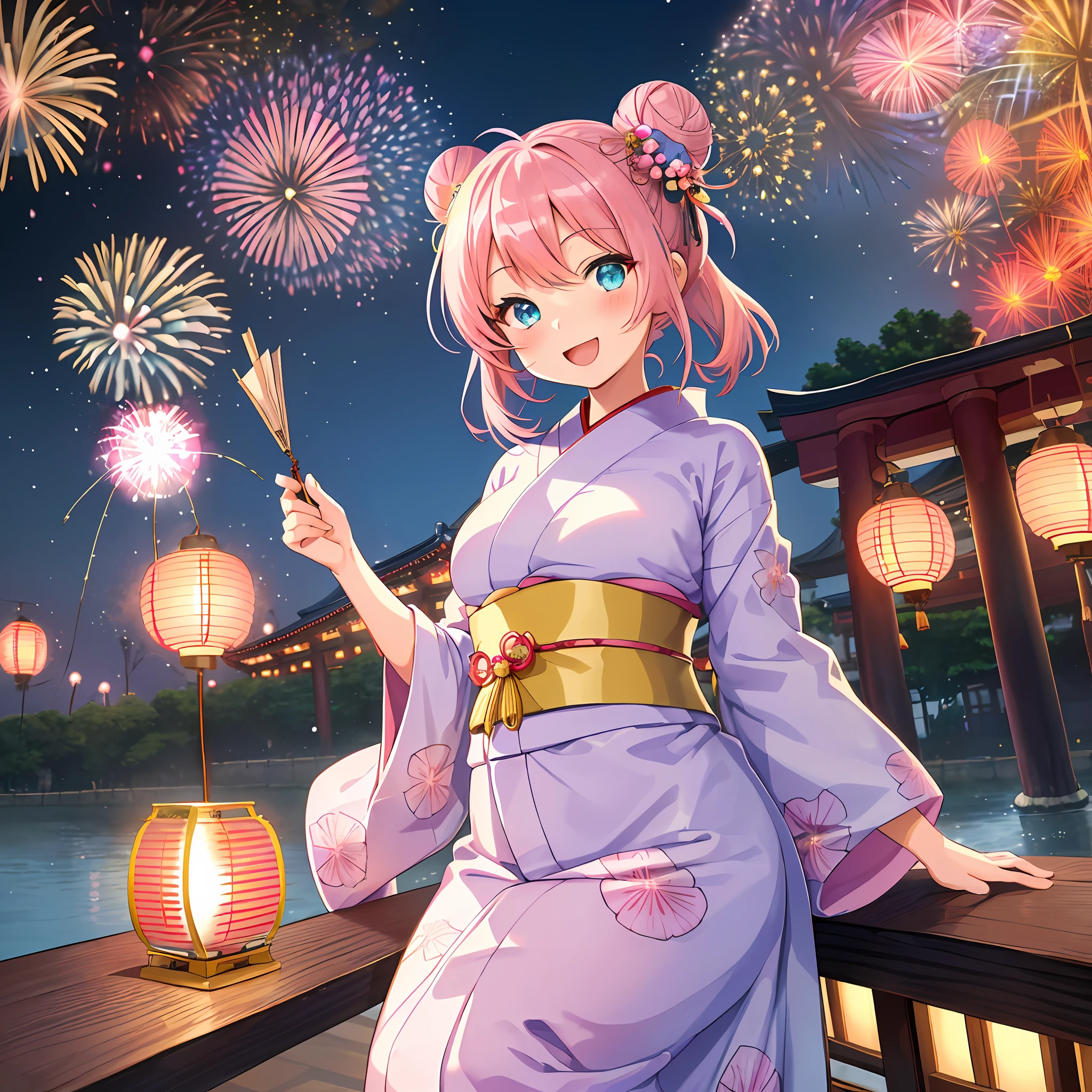 (chibi:1.2) girl, japanse kimono, in japanese summer temple festival (matsuri:1.4), paper lantern, night, (fireworks:1.4) in the sky , Shinto shrine archway, focus on chibi girl, looking at viewer, smile, happy"Kyoto Animation"style anime illustration, top quality, (cute: 1.1), (cute), (high resolution: 1.2), incredibly ridiculous: 1.3, incredibly fine illustration, cute girl, (heterochromia, light blue eyes and light green eyes), solo, standing figure, happy, :d, masterpiece, highest quality, absurdity, high resolution, Official Art, (cute: 1.8), (Chibi character: 1.5)), Solo, (((pink hair, bun hair, kanzashi)), thin hair, 1 beautiful girl, (cute: 1.8), caregiver, maid, (((long yukata, illustration of morning glory, indigo color, luxurious obi)), watch viewer, frontal, princess eyes, big breasts, from the front, Japan festival, night shop, cute geta, deformed character, have a goldfish drawstring,