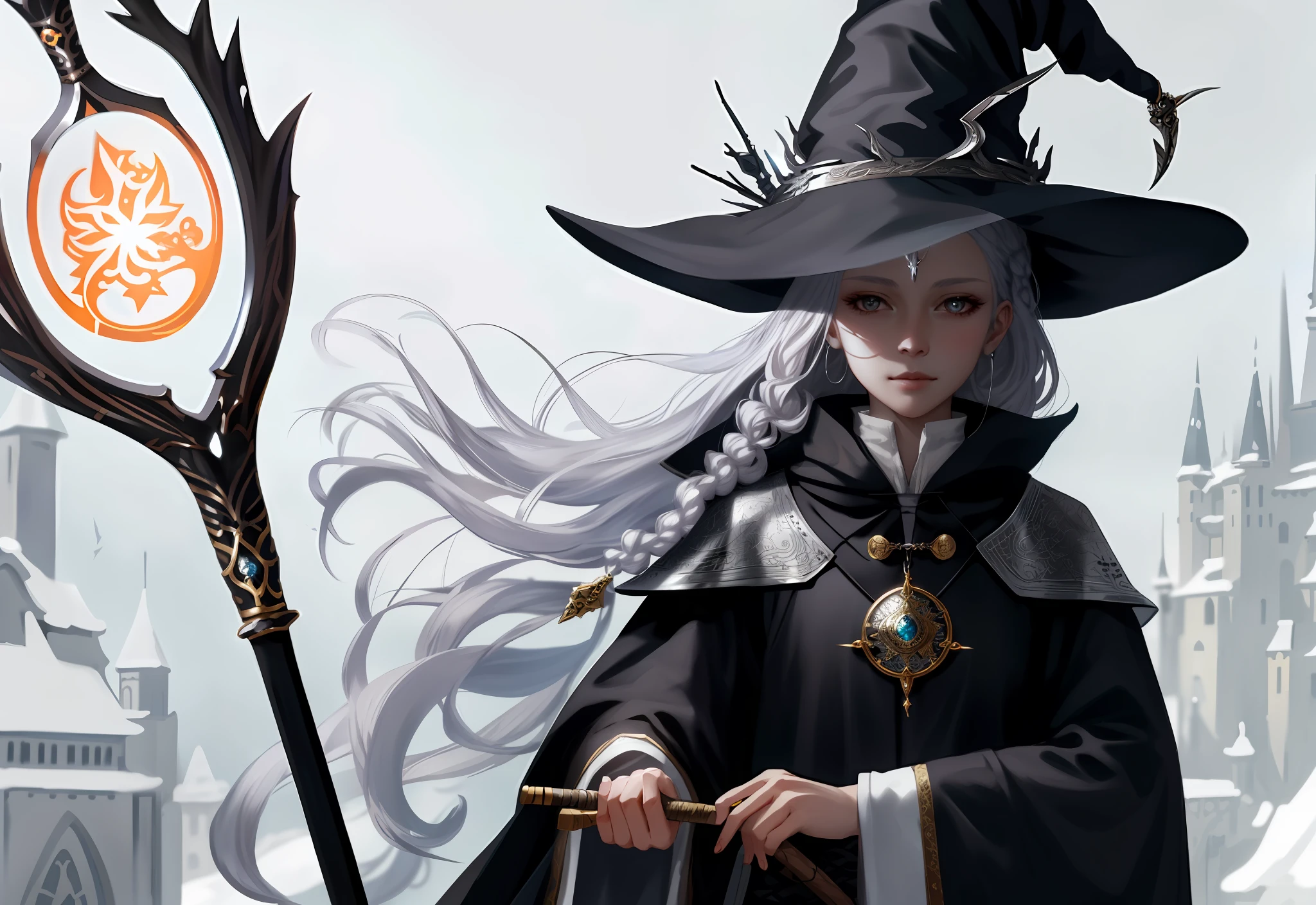 wlop, silver hair, witch, jewelry, cute girl, eastern, white wizard staff