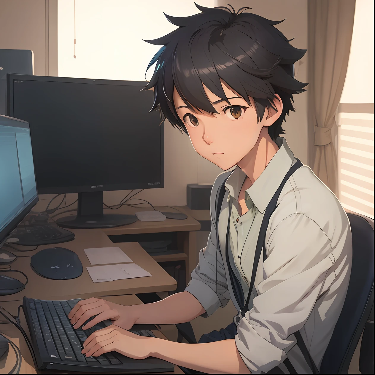 Anime boy sitting at desk, cute boy, holding computer and keyboard, ((Makoto Shinkai)), studio brisk Makoto Shinkai, Guvez style artwork, Makoto Shinkai. Digital rendering, digital anime illustration, kavasi, Makoto Shinkai art style, Makoto Shinkai style, Makoto Shinkai!