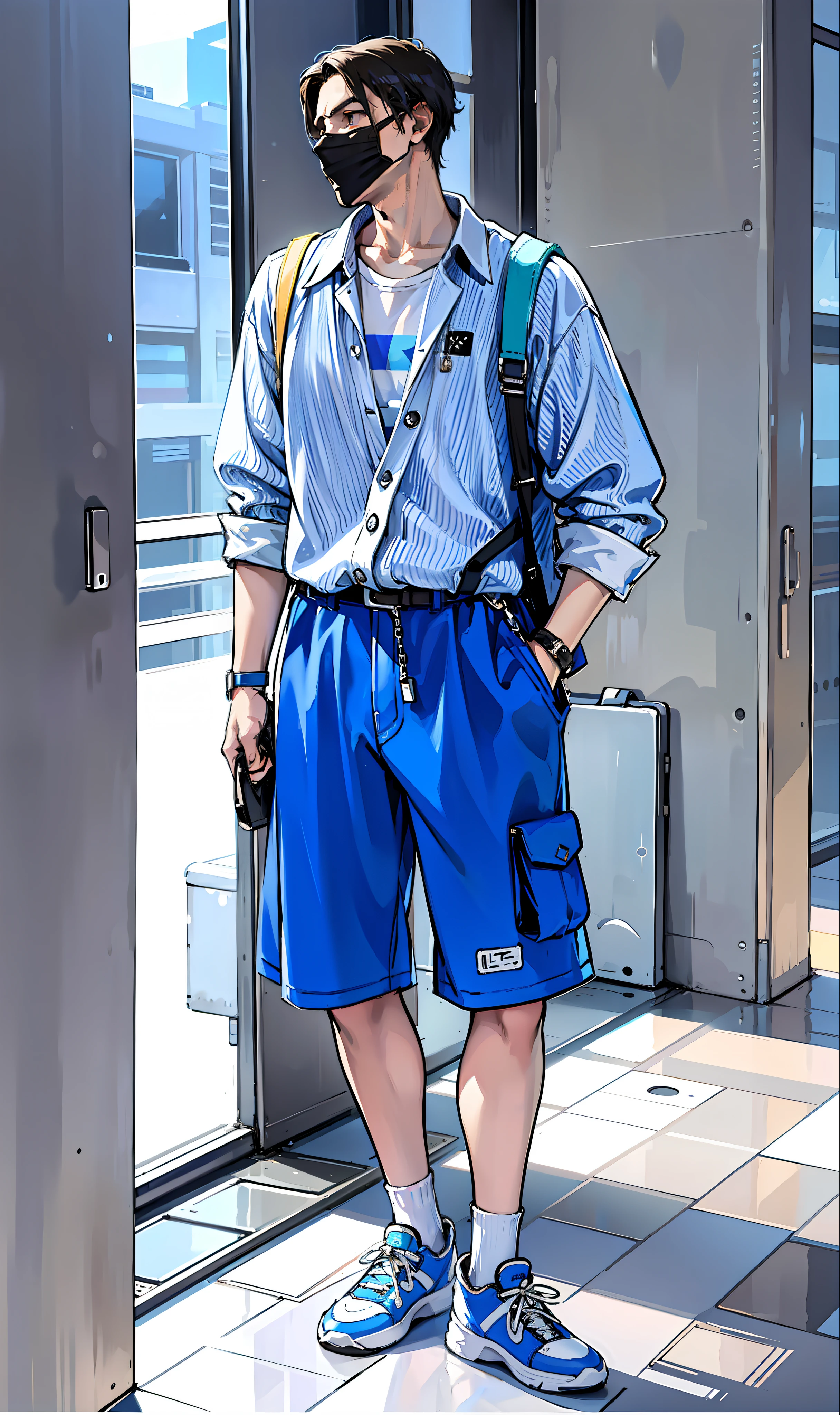 boy, vertical painting, natural light, global light, front view, fashion, pattern, fashion, trendy brand, tank top, cool, suspenders, zippers, buttons, pattern, logo, pleats, jeans, belt, sophisticated, sequins, sparkle, generate more details, t-shirt, trousers, handbag, shiny,, modern, anime style, anime, modern, futuristic, first-person perspective, panorama, concept art, uhd, masterpiece, ccurate, super detail, high detail, high quality, best quality, High resolution, no background, white background