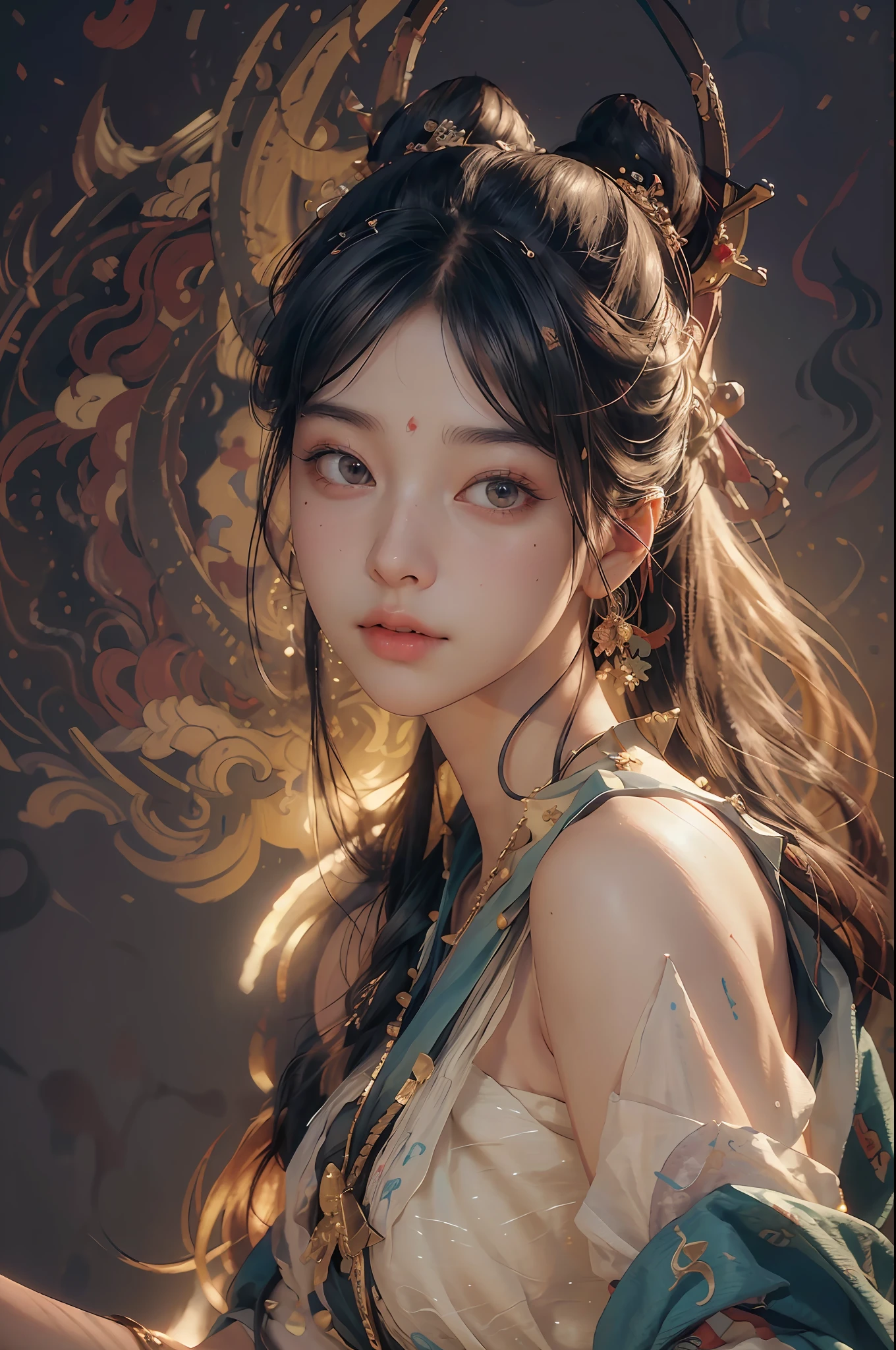 (RAW photo, best quality), (realistic, photo-realistic:1.3),best quality,highly detailed,masterpiece,ultra-detailed,illustration,1girl,upper_body,dynamic angle,world masterpiece theater,messy_long_hair,best quality,extremely detailed CG unity 8k wallpaper,ink,Amazing,cinematic lighting,lens_flare, dunhuang_style