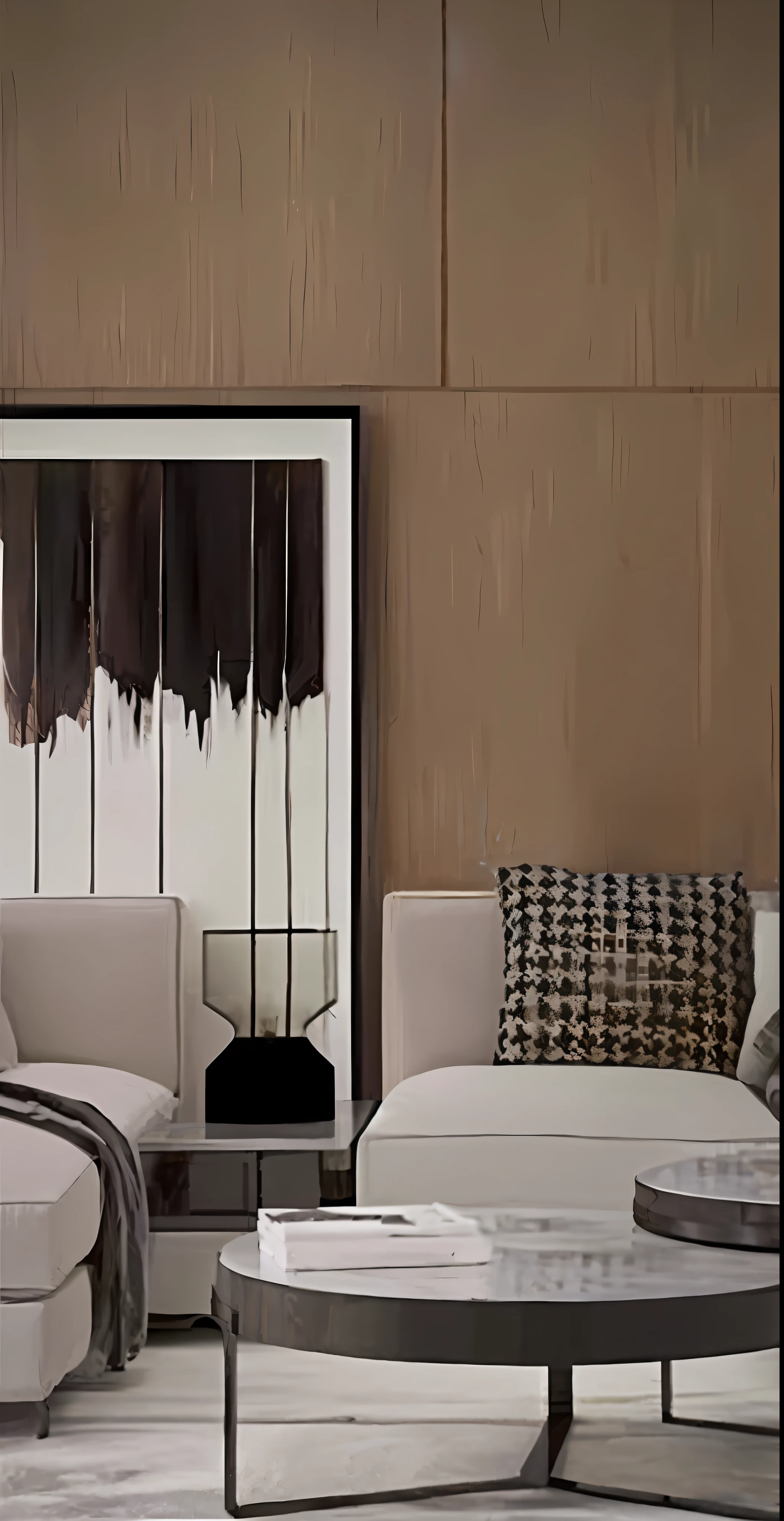arafed living room with a couch, chair, coffee table and ottoman, wooden walls with framed art, popular interior design style, wood panel walls, lacquer on canvas, smooth panelling, wood paneling, dramatic artwork, artistic interpretation, decorative panels, wooden walls brass panels, wood panels, inspired by Wang Shimin, interior decoration