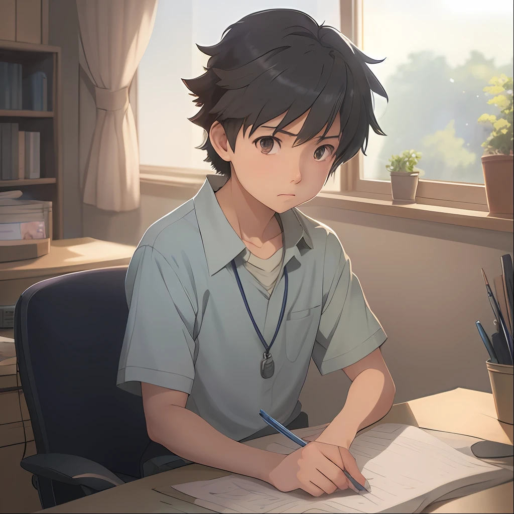 Anime little boy sitting at desk, cute little boy, 8 years old anime boy, holding computer and keyboard, ((Makoto Shinkai)), studio brisk Makoto Shinkai, Guvez style artwork, Makoto Shinkai. Digital rendering, digital anime illustration, kavasi, Makoto Shinkai art style, Makoto Shinkai style, Makoto Shinkai!