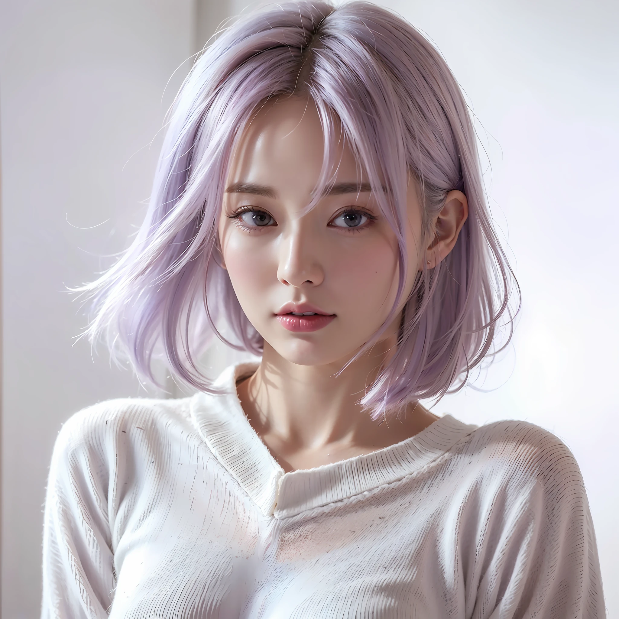 arafed woman with purple hair and a white sweater, soft portrait shot 8 k, 8k portrait render, anime realism style, photorealistic anime girl render, girl with short white hair, anime realism, color portrait, realistic digital art 4 k, realistic digital art 4k, realistic anime 3 d style, kawaii realistic portrait, anime girl in real life