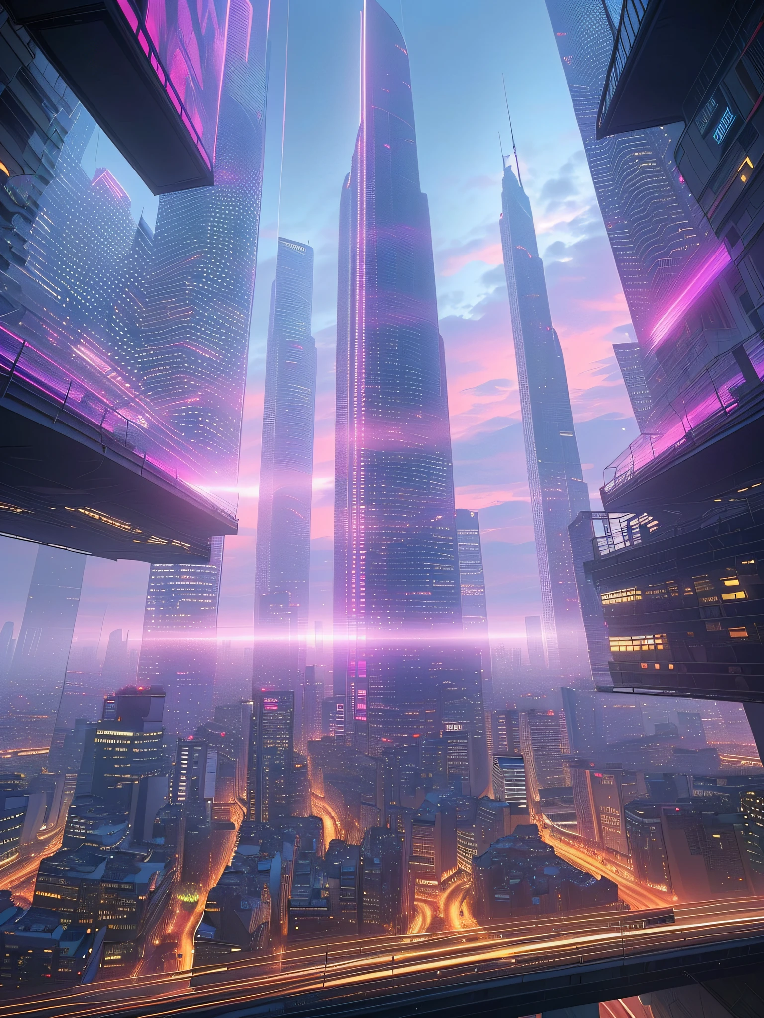 Style: Concept art. The scene: Futuristic cityscapes with towering skyscrapers and sleek aerodynamic vehicles speeding through the air. High-resolution OLED GUI interfaces in the building's windows are filled with transparent data visualization infographics showing everything from weather patterns to traffic flow. Colors are saturated and vibrant, with warm pinks and purples dominating the skyline. The overall effect is both beautiful and awe-inspiring.