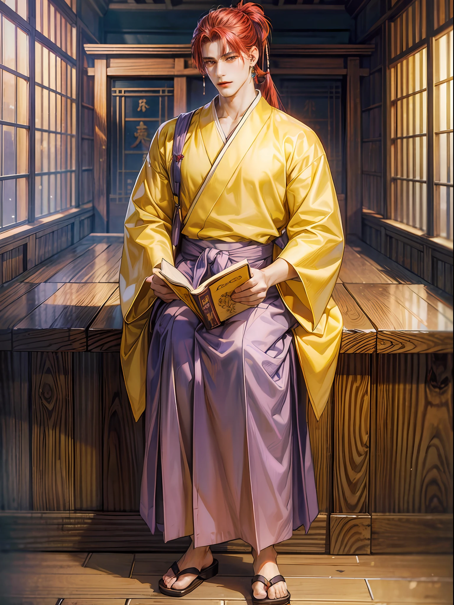 High quality, high resolution CG illustration, subject is handsome Japan man, full body figure standing alone, mustard-colored shirt, large round earrings in both ears, white band, (long purple hakama), reading with a book open, long crimson hair tied at the top, background removed. --auto --s2