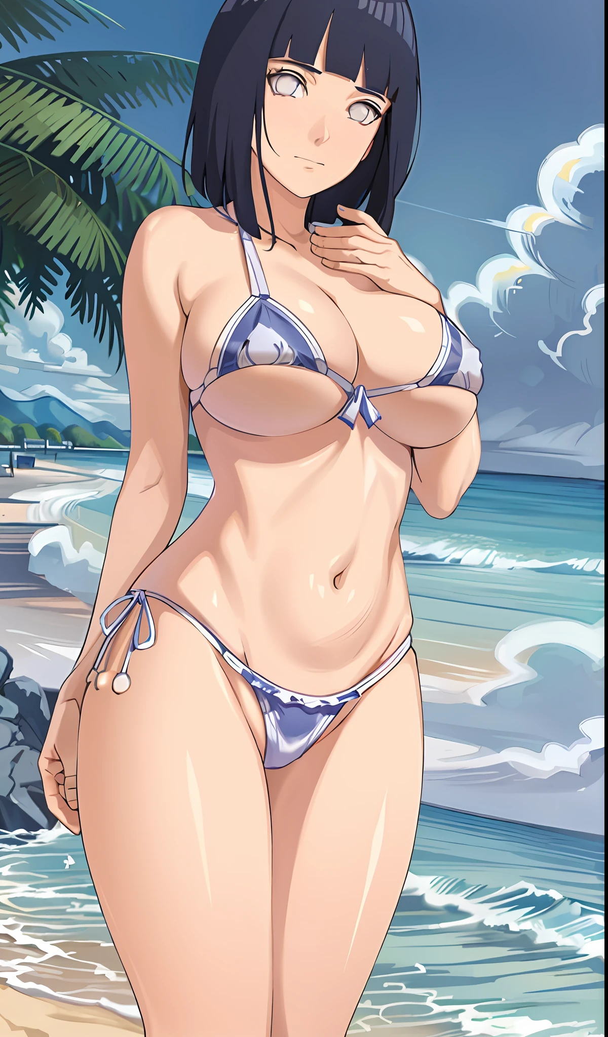 masterpiece, best quality, ultra-detailed, illustration, 1girl, (cowboy shot:1.4), (looking at viewer:1.4), micro bikini, beautiful detailed eyes, beautiful detailed glow, lots of glow, seascape, beach, sand, hitori bocchi, selfie, medium breasts, wearing bikin,mom, milf , thicc thighs, huge breasts